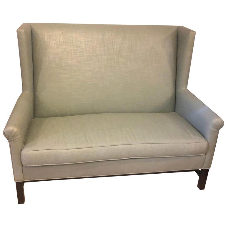 Hickory Co Charles Stewart Chippendale Style Settee or Loveseat in Green Linen