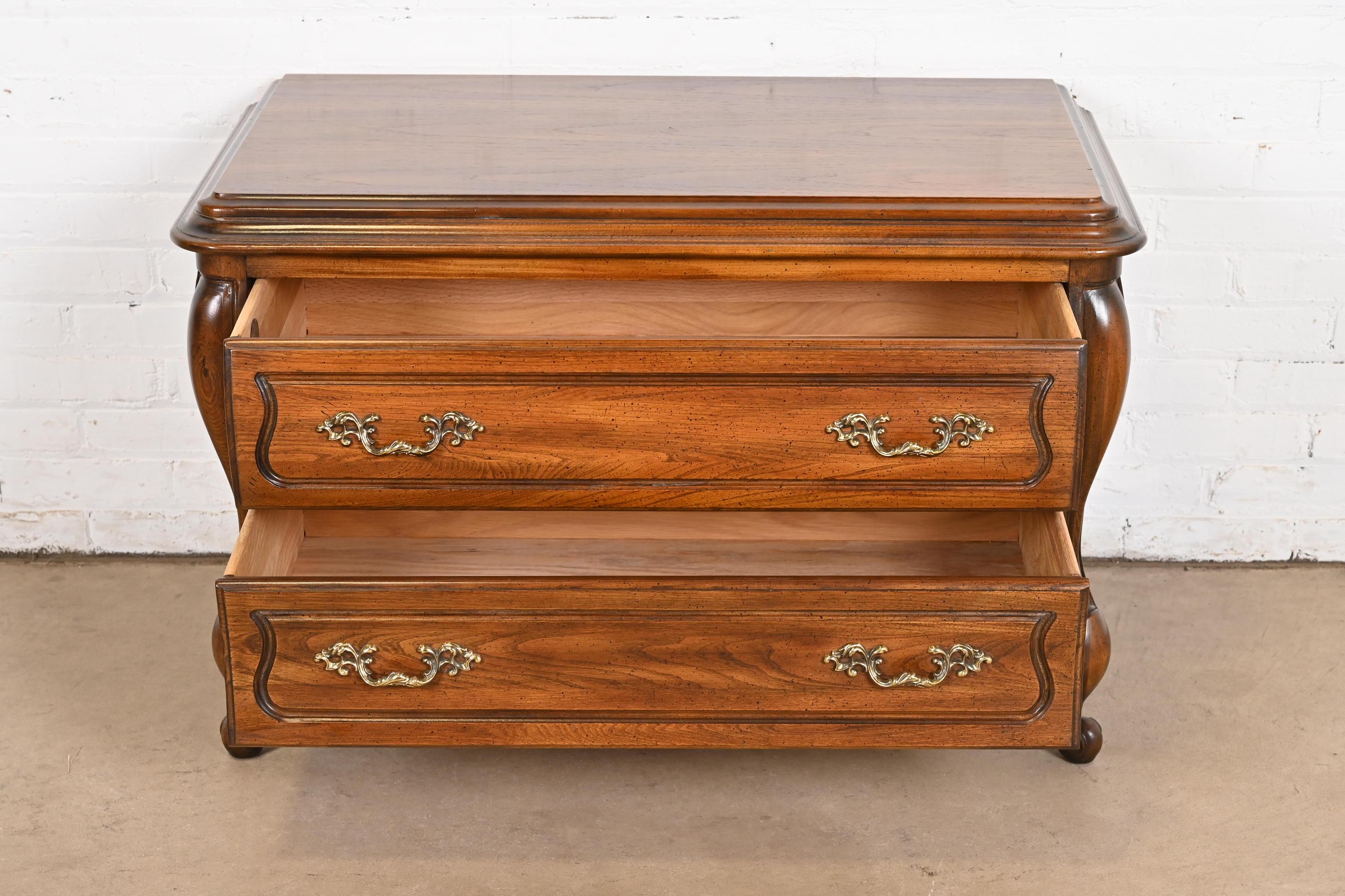 Brass Hickory French Provincial Louis XV Carved Walnut Bombay Chest or Commode For Sale