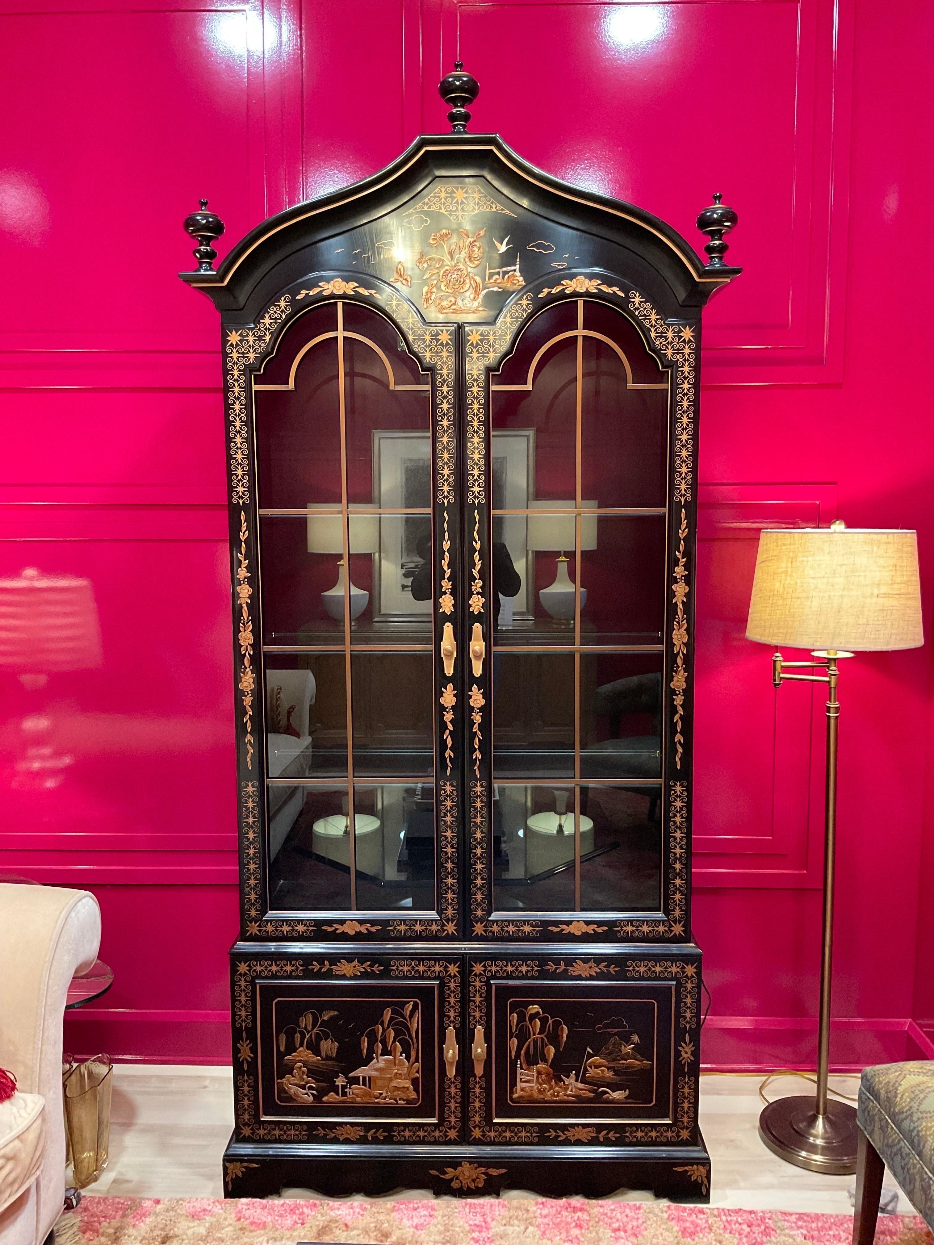 Uber Rare beauty from Hickory Furniture for their American Masterpiece line circa 1975-1989. Extraordinary in its intoxicating blend of Chinoiserie and Baroque influences. Spectacular raised painted scenes over a brilliant black lacquer finish. The