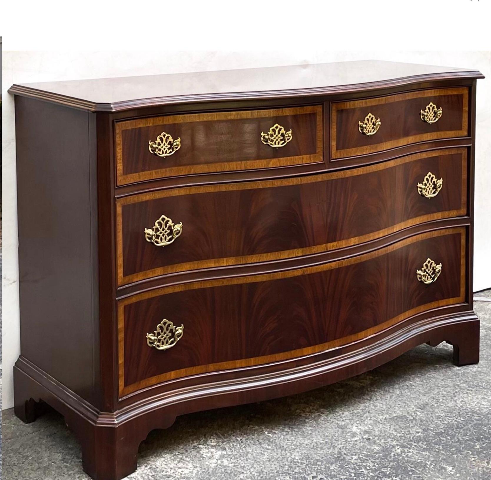 American Hickory Furniture Chippendale Style Flame Mahogany Serpentine Chest - Pair For Sale