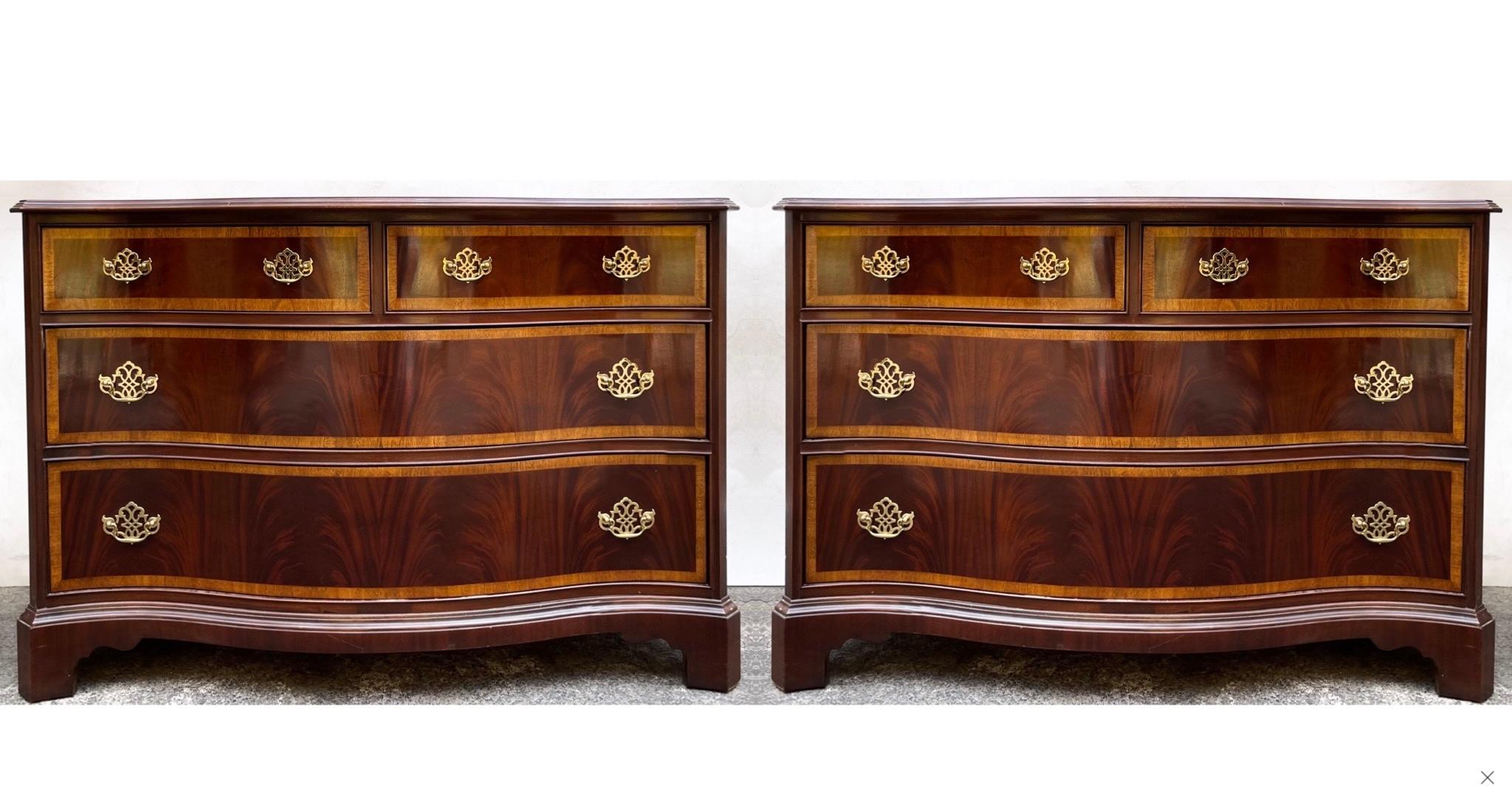 Brass Hickory Furniture Chippendale Style Flame Mahogany Serpentine Chest - Pair For Sale