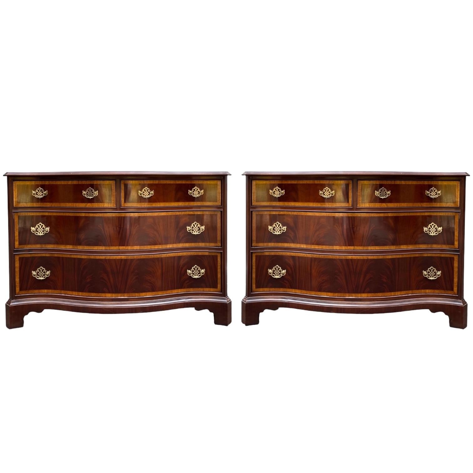 Hickory Furniture Chippendale Style Flame Mahogany Serpentine Chest - Pair For Sale 1