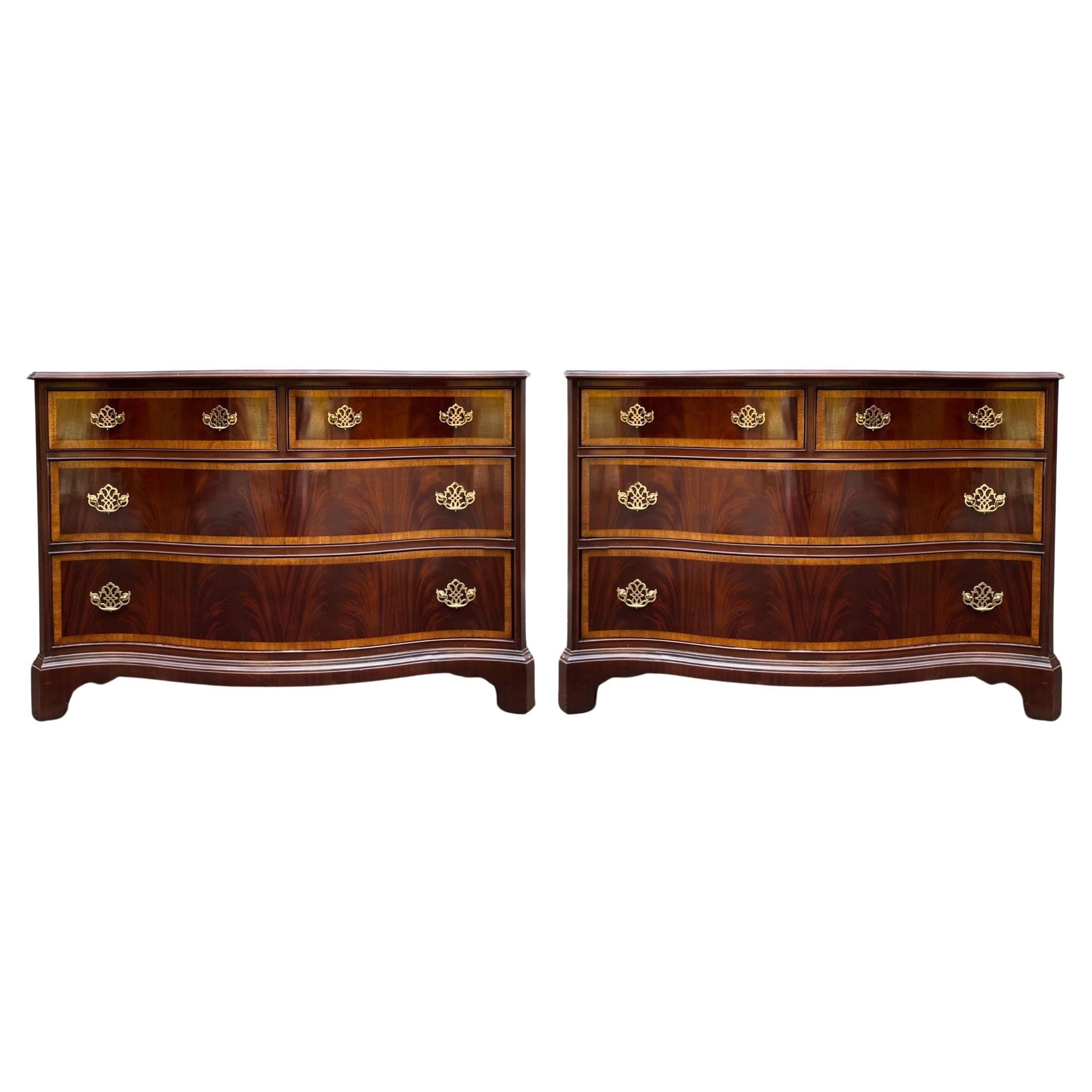 Hickory Furniture Chippendale Style Flame Mahogany Serpentine Chest - Pair For Sale