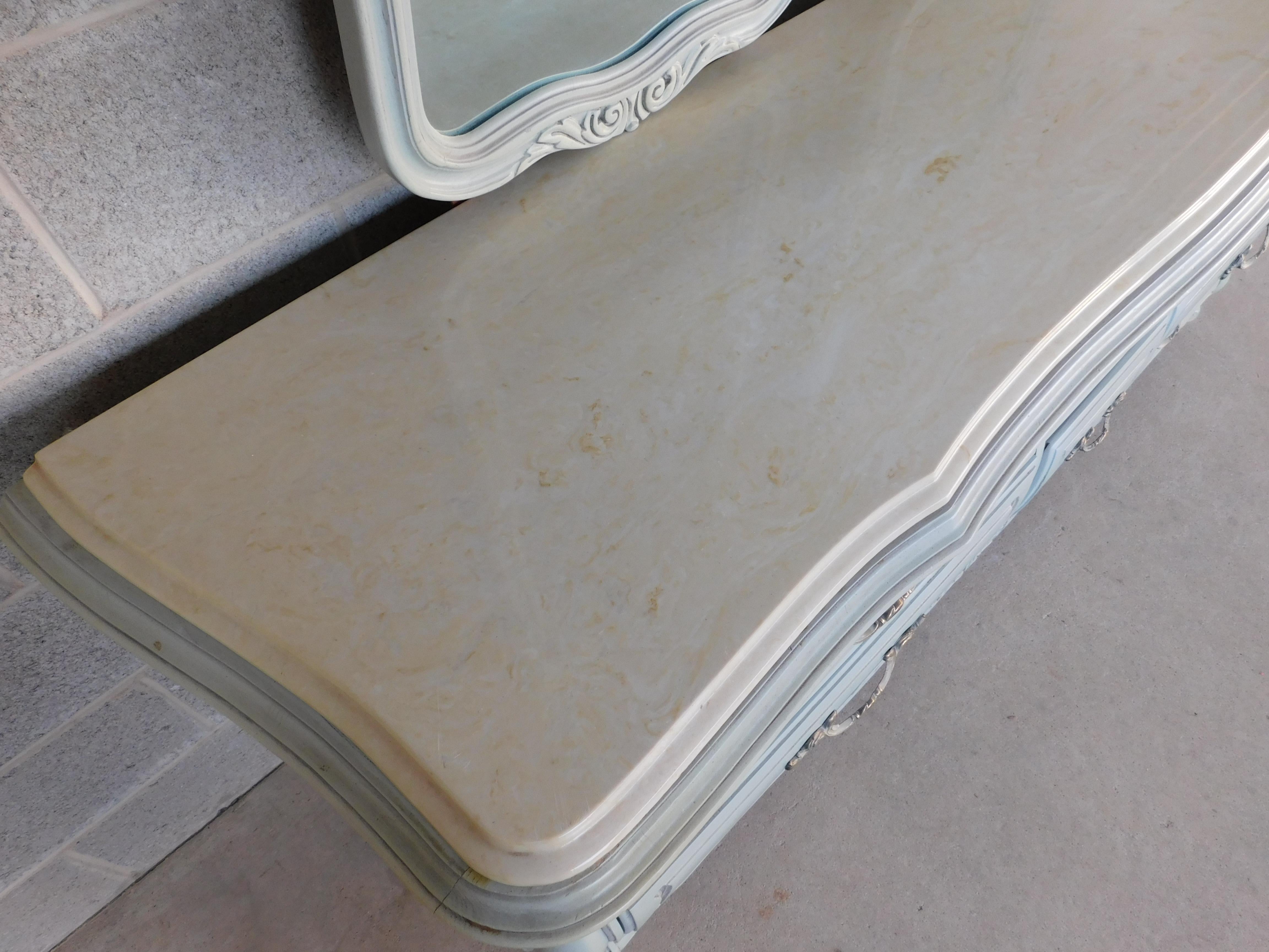 Painted Hickory Furniture French Louis XV Style French Blue Marble Top Dresser