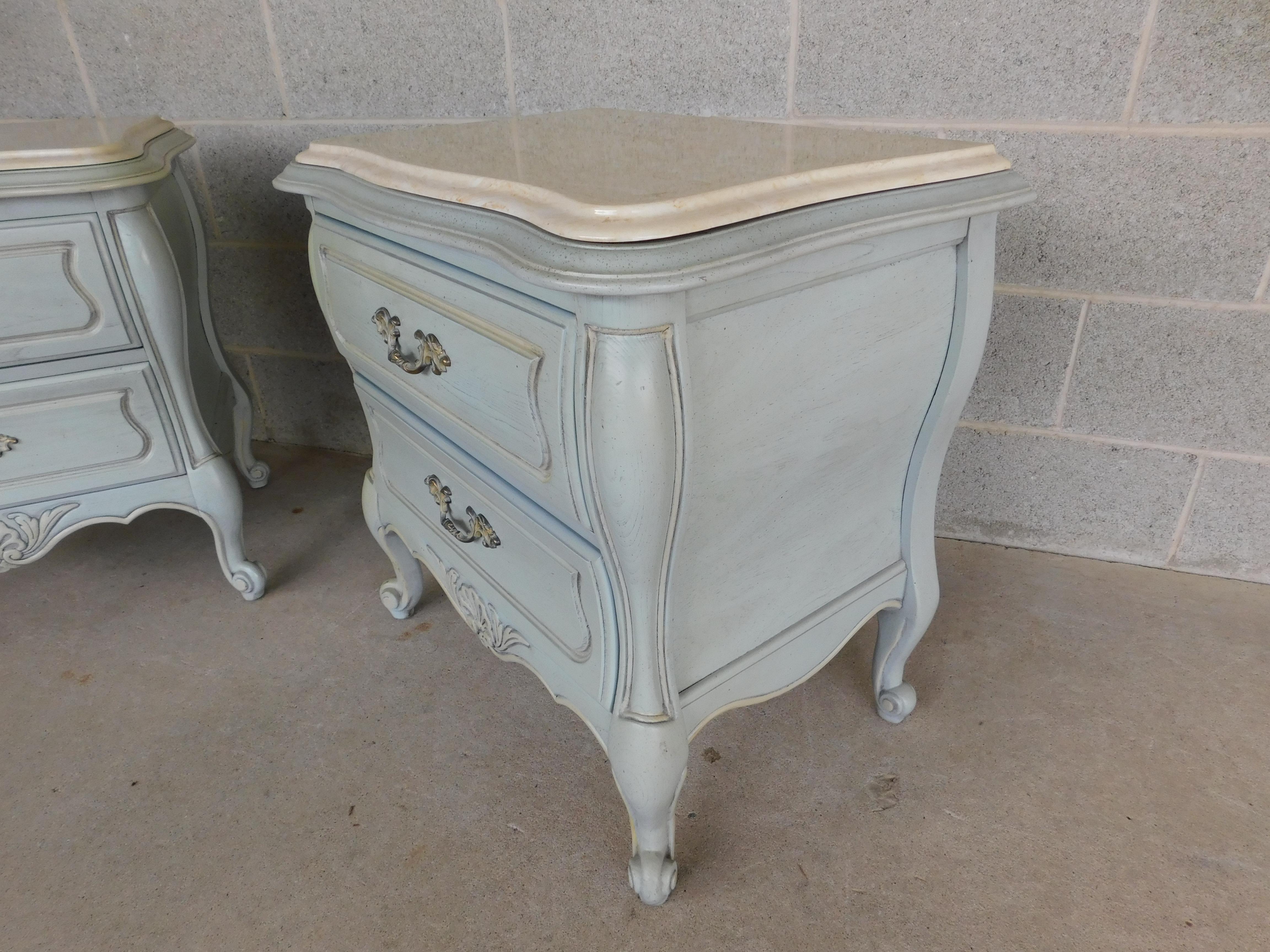 Hickory Furniture French Louis XV Style Marble Top French Blue Nightstands 5