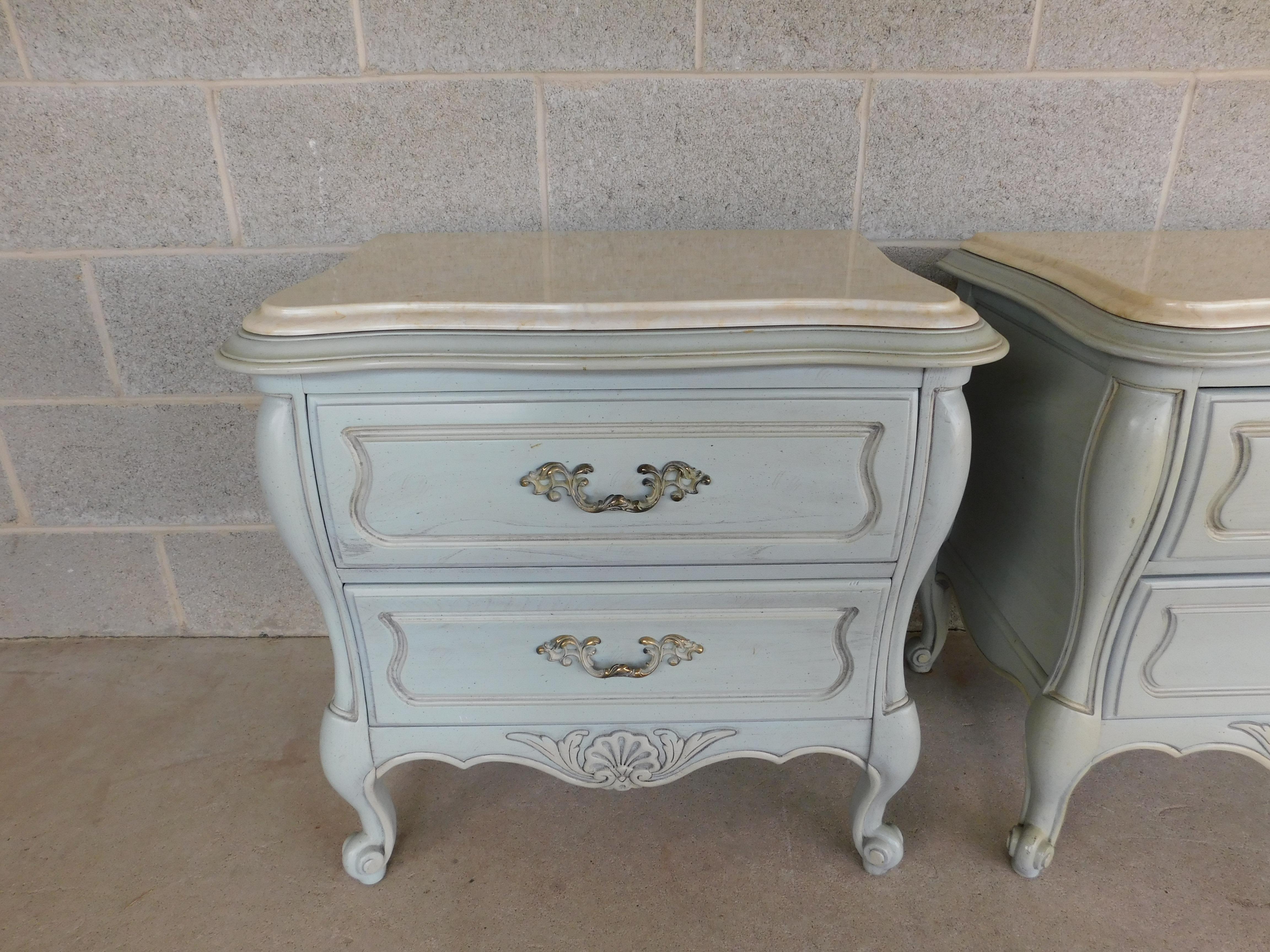 Hickory Furniture French Louis XV Style Marble Top French Blue Nightstands 6