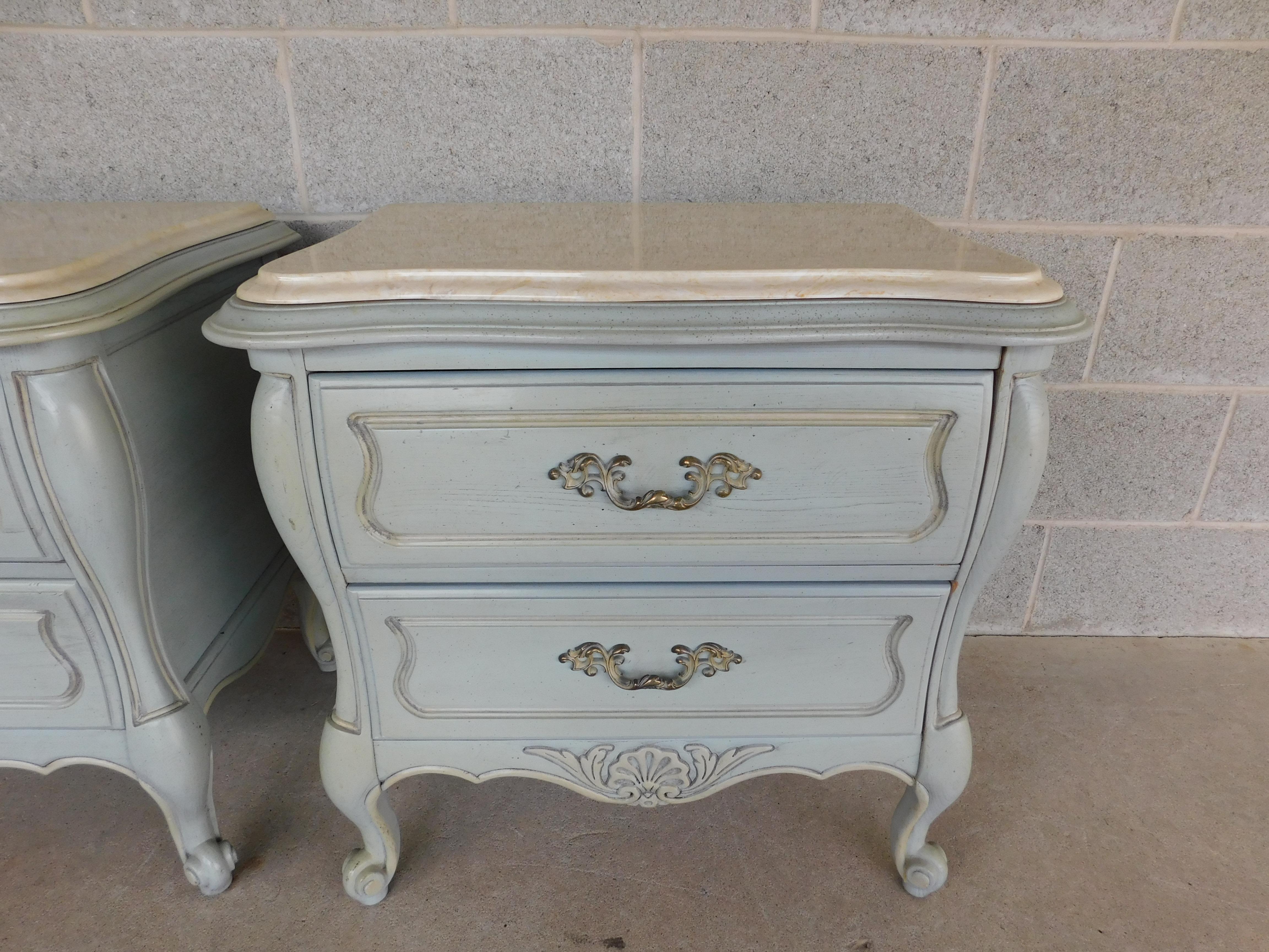 Hickory Furniture French Louis XV Style Marble Top French Blue Nightstands 7