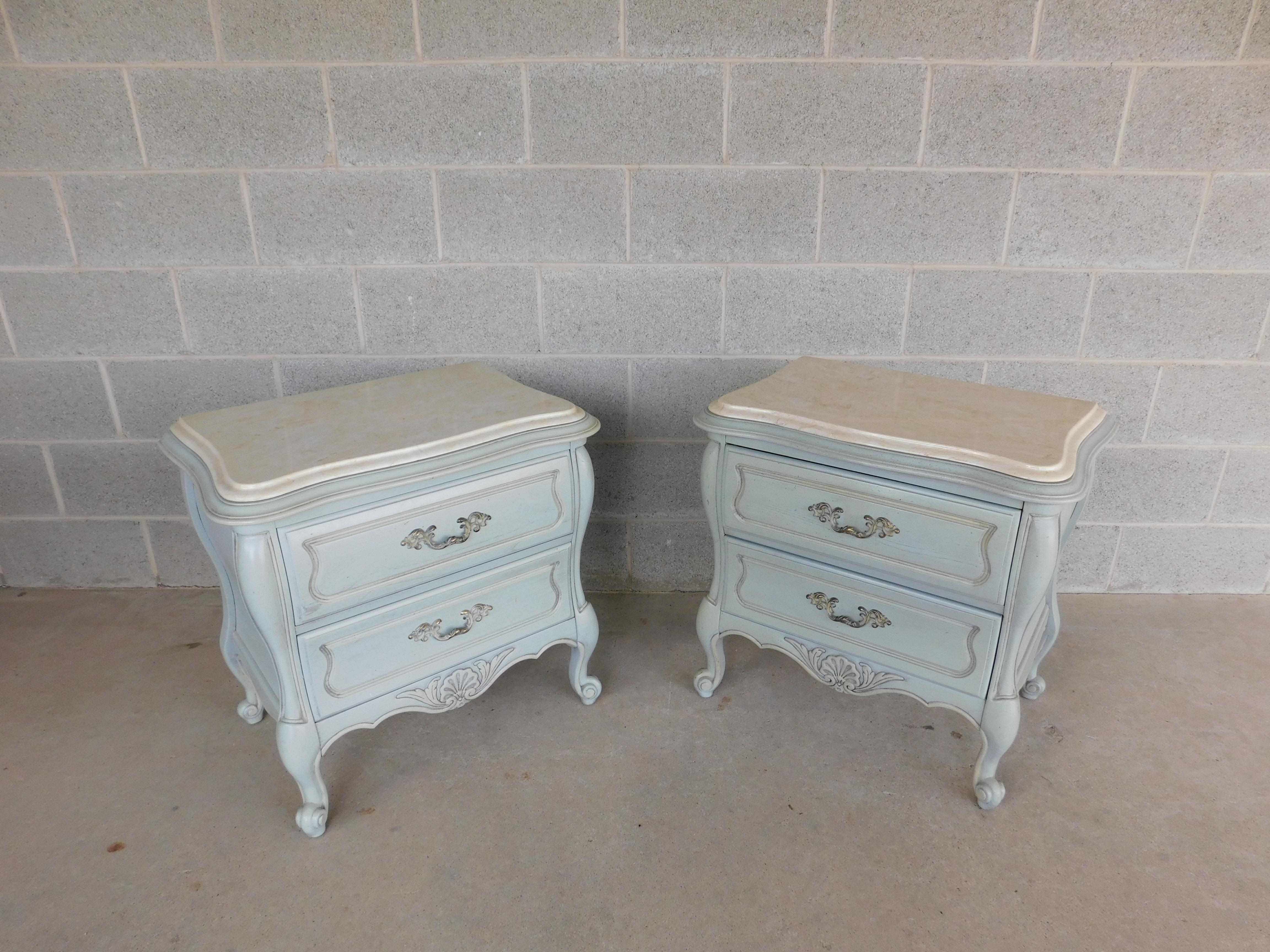 American Hickory Furniture French Louis XV Style Marble Top French Blue Nightstands