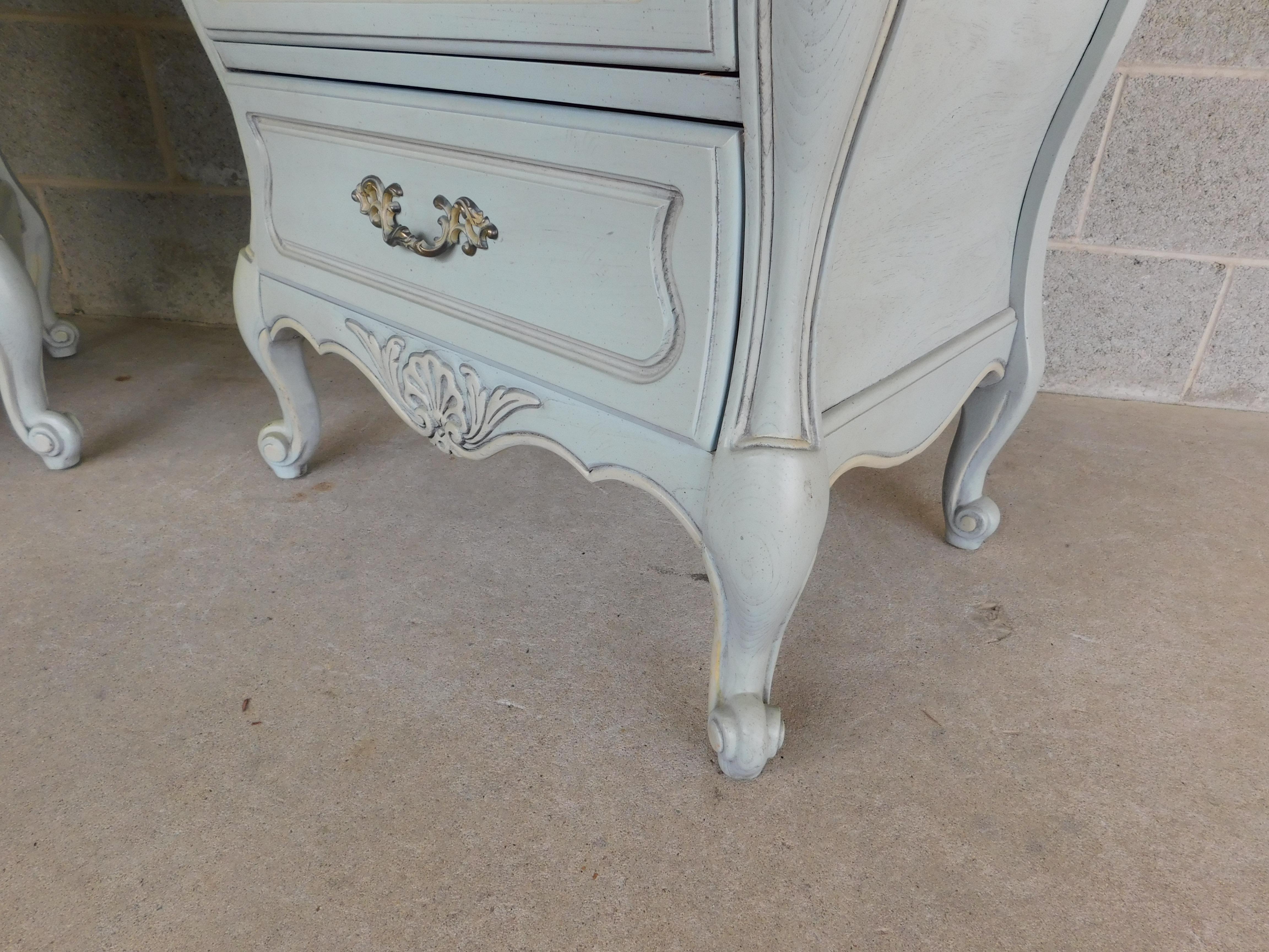 Late 20th Century Hickory Furniture French Louis XV Style Marble Top French Blue Nightstands