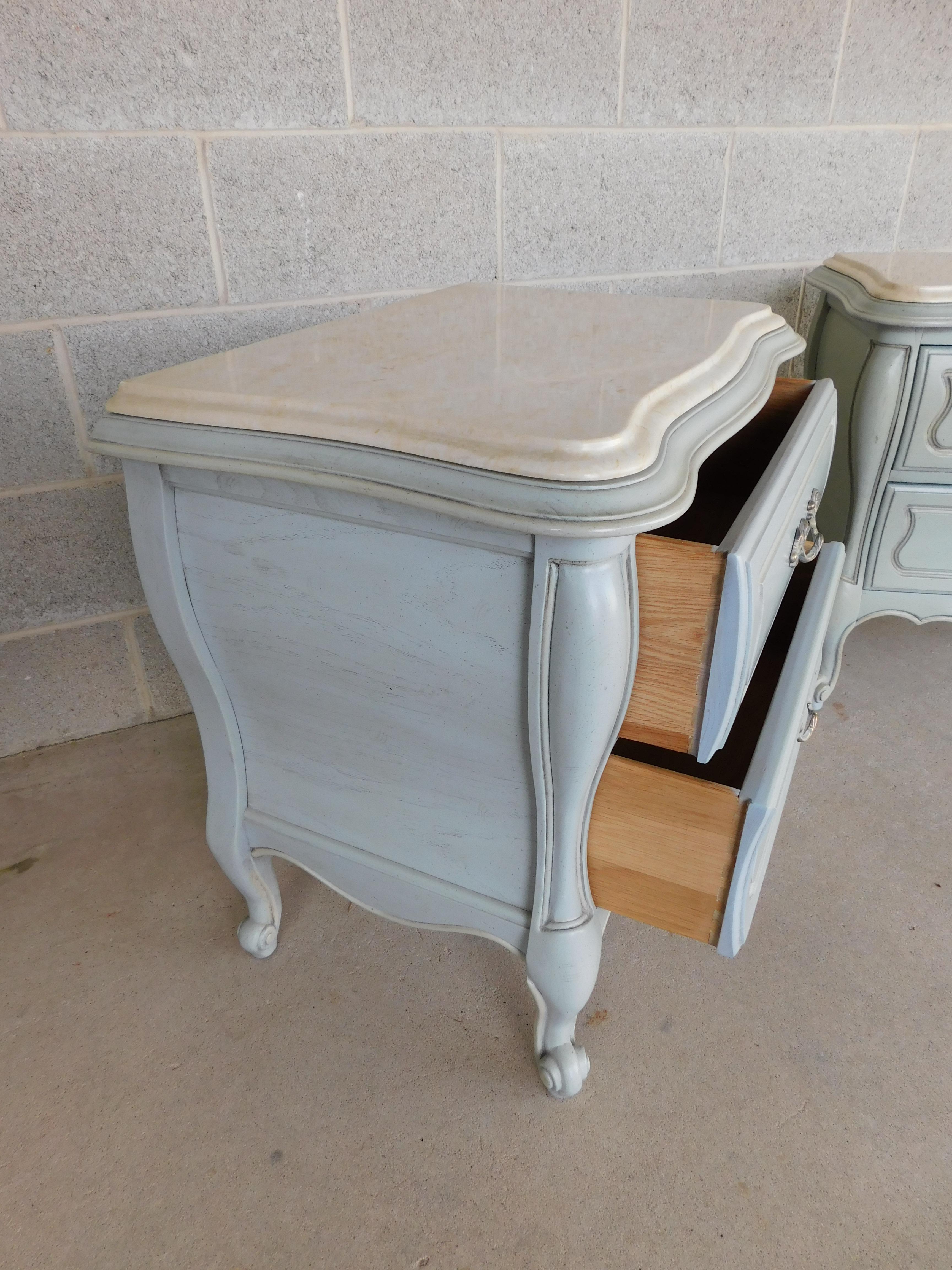 Hickory Furniture French Louis XV Style Marble Top French Blue Nightstands 1
