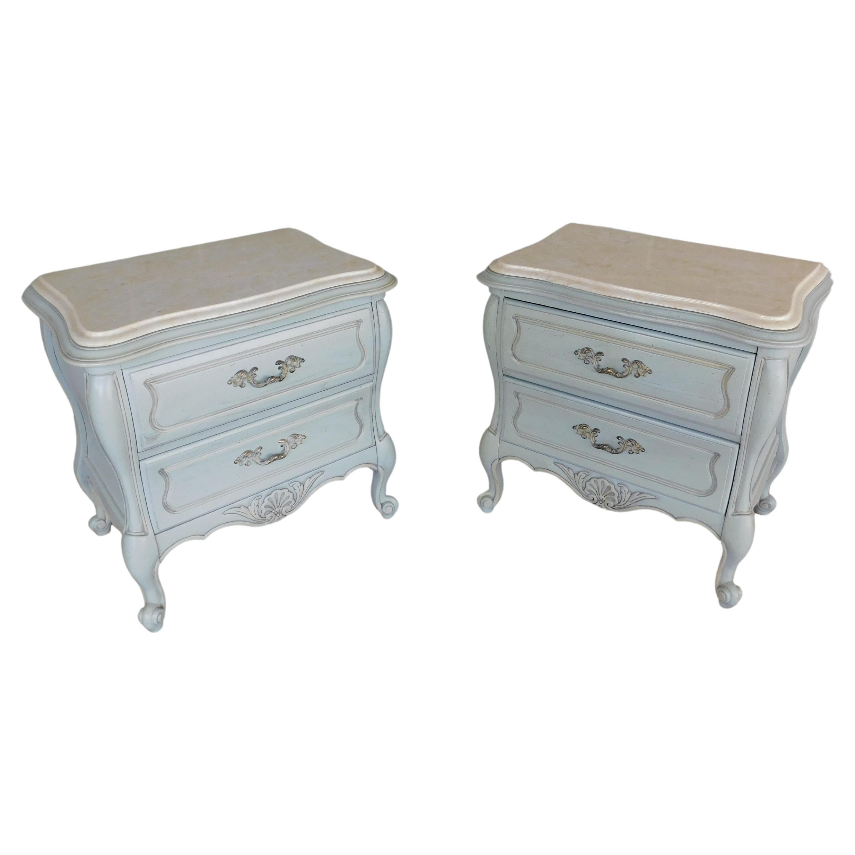 Hickory Furniture French Louis XV Style Marble Top French Blue Nightstands