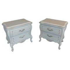 Vintage Hickory Furniture French Louis XV Style Marble Top French Blue Nightstands