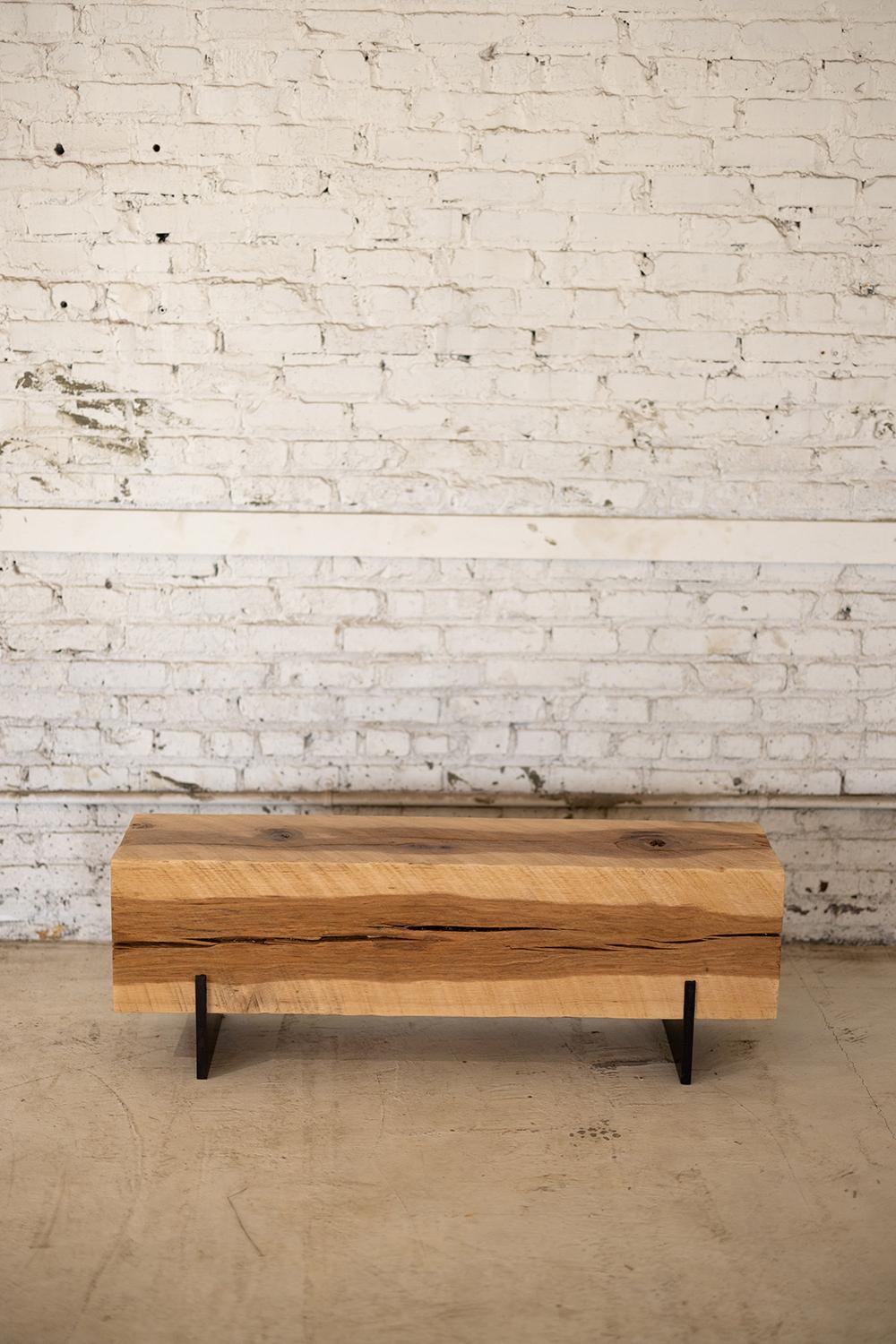 Patinated Hickory Knife Beam Bench 3' Long Solid Wood + Blackened Steel by Alabama Sawyer For Sale
