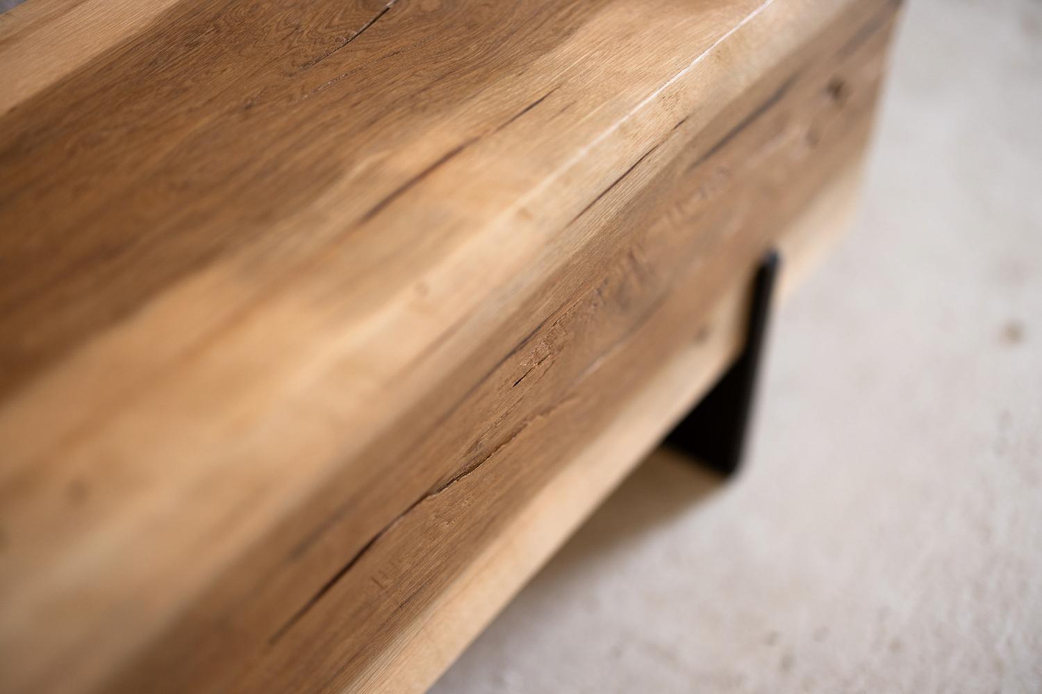Rustic Hickory Knife Beam Bench 4' Long Solid Wood + Blackened Steel by Alabama Sawyer For Sale