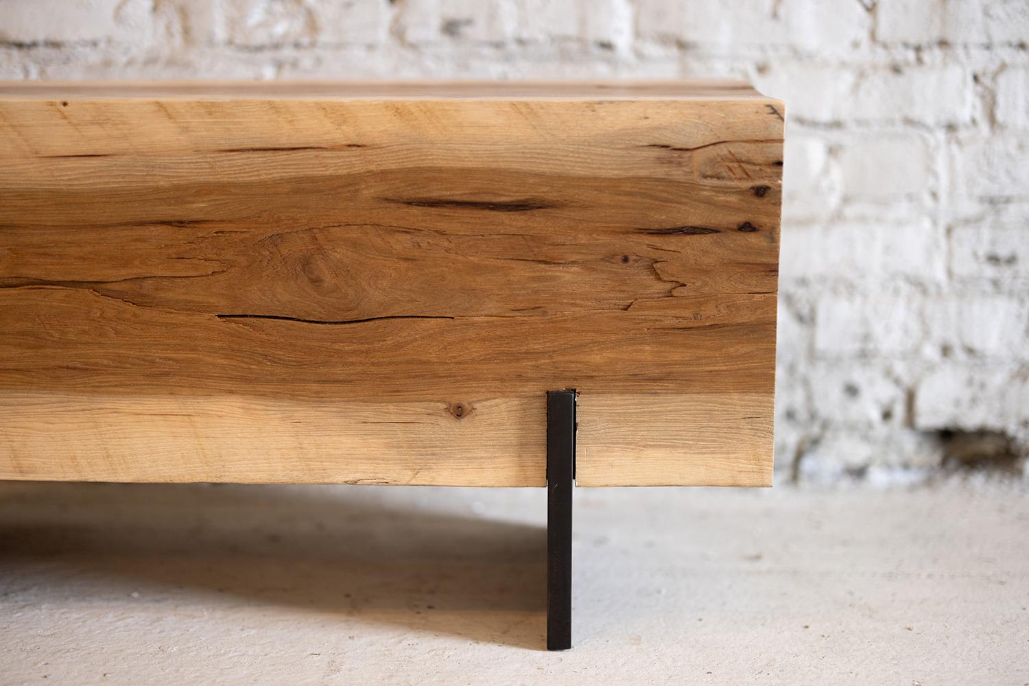American Hickory Knife Beam Bench 4' Long Solid Wood + Blackened Steel by Alabama Sawyer For Sale