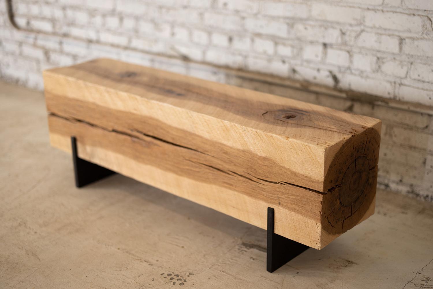 Patinated Hickory Knife Beam Bench 4' Long Solid Wood + Blackened Steel by Alabama Sawyer For Sale