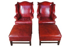 Hickory Leather Nailhead Wingback Library Club Lounge Arm Chairs & Ottomans
