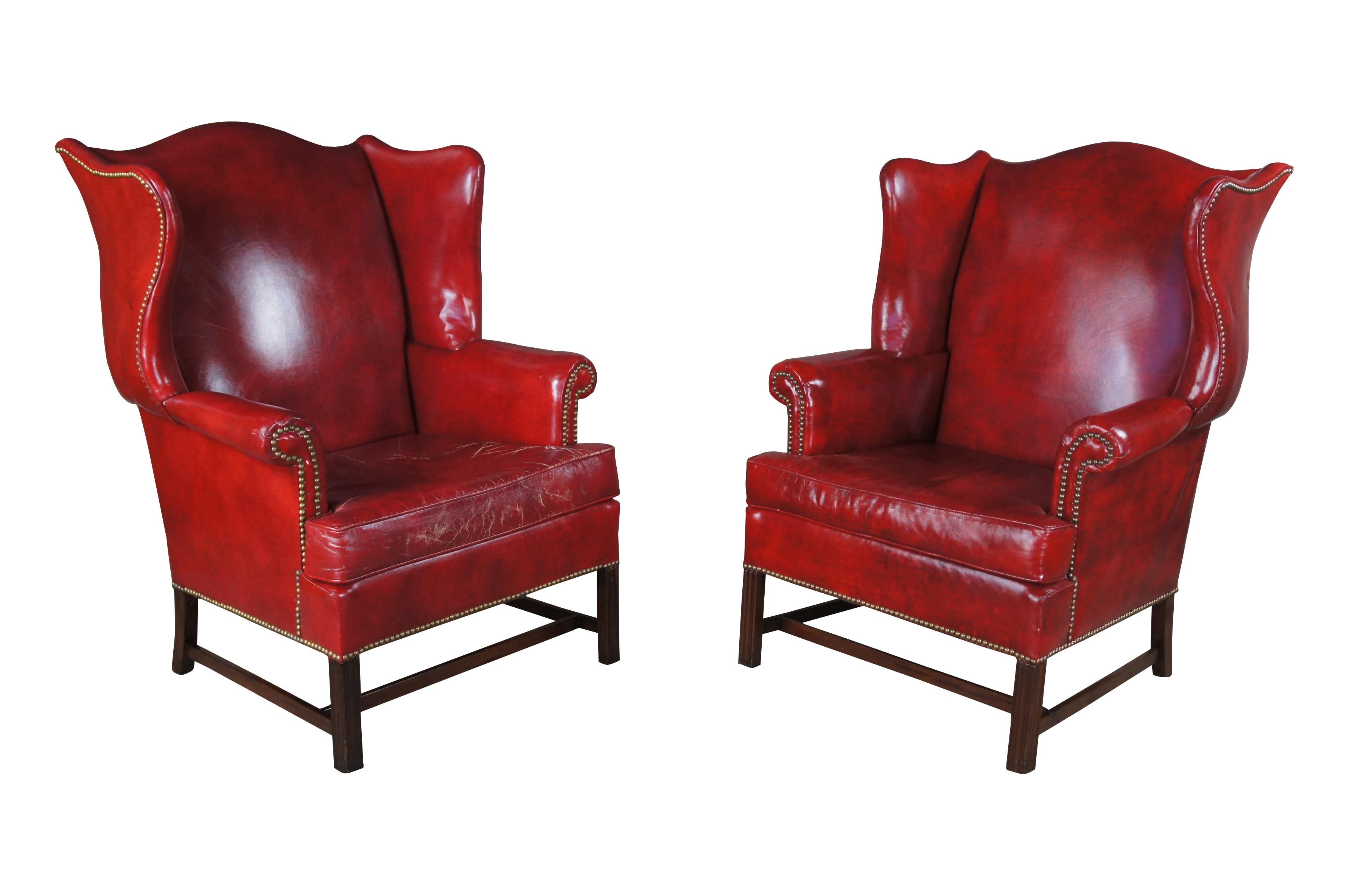 Hickory Leather Nailhead Wingback Library Club Lounge Arm Chairs & Ottomans In Good Condition In Dayton, OH