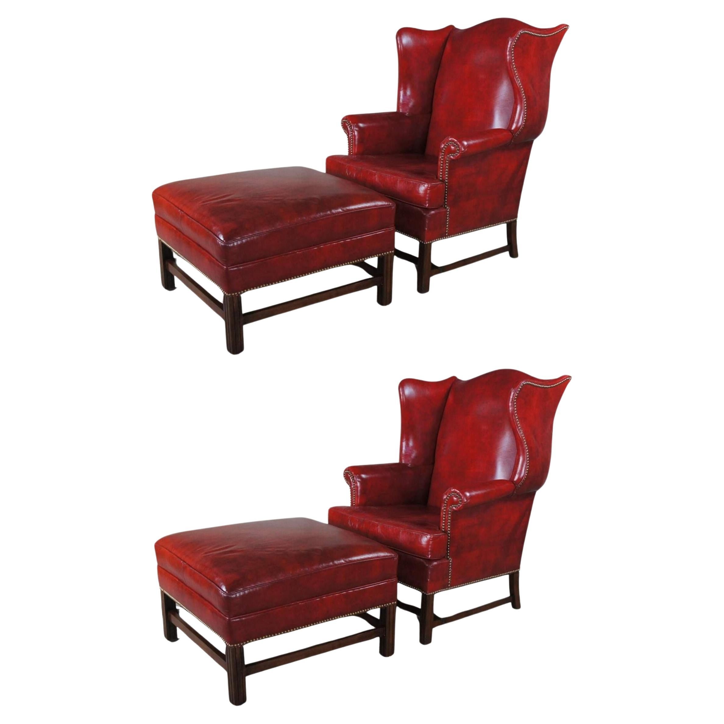 Hickory Leather Nailhead Wingback Library Club Lounge Arm Chairs & Ottomans