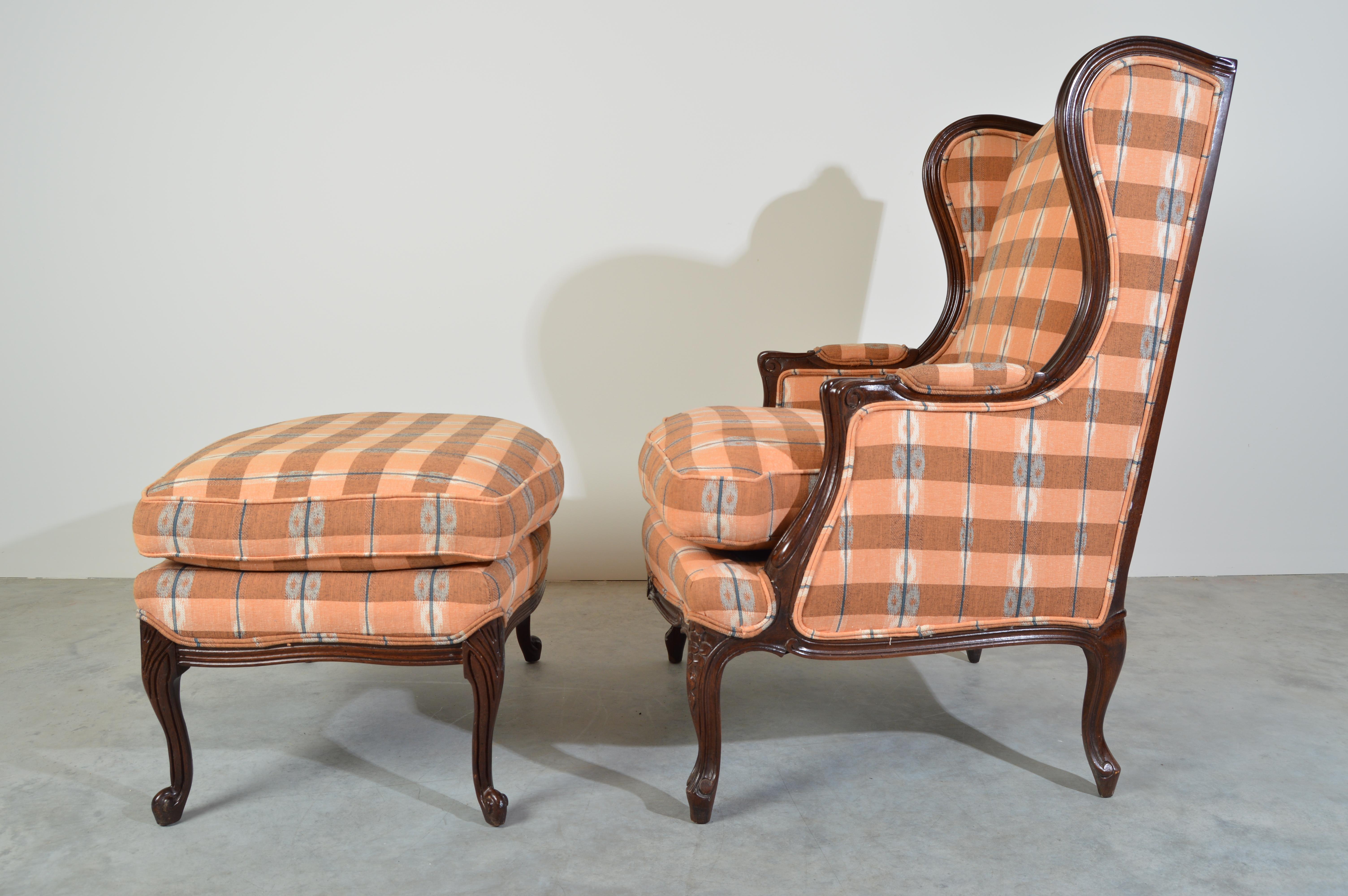 American Hickory Louis XV Style Walnut Wingback Chair & Ottoman Ikat Plaid Upholstery