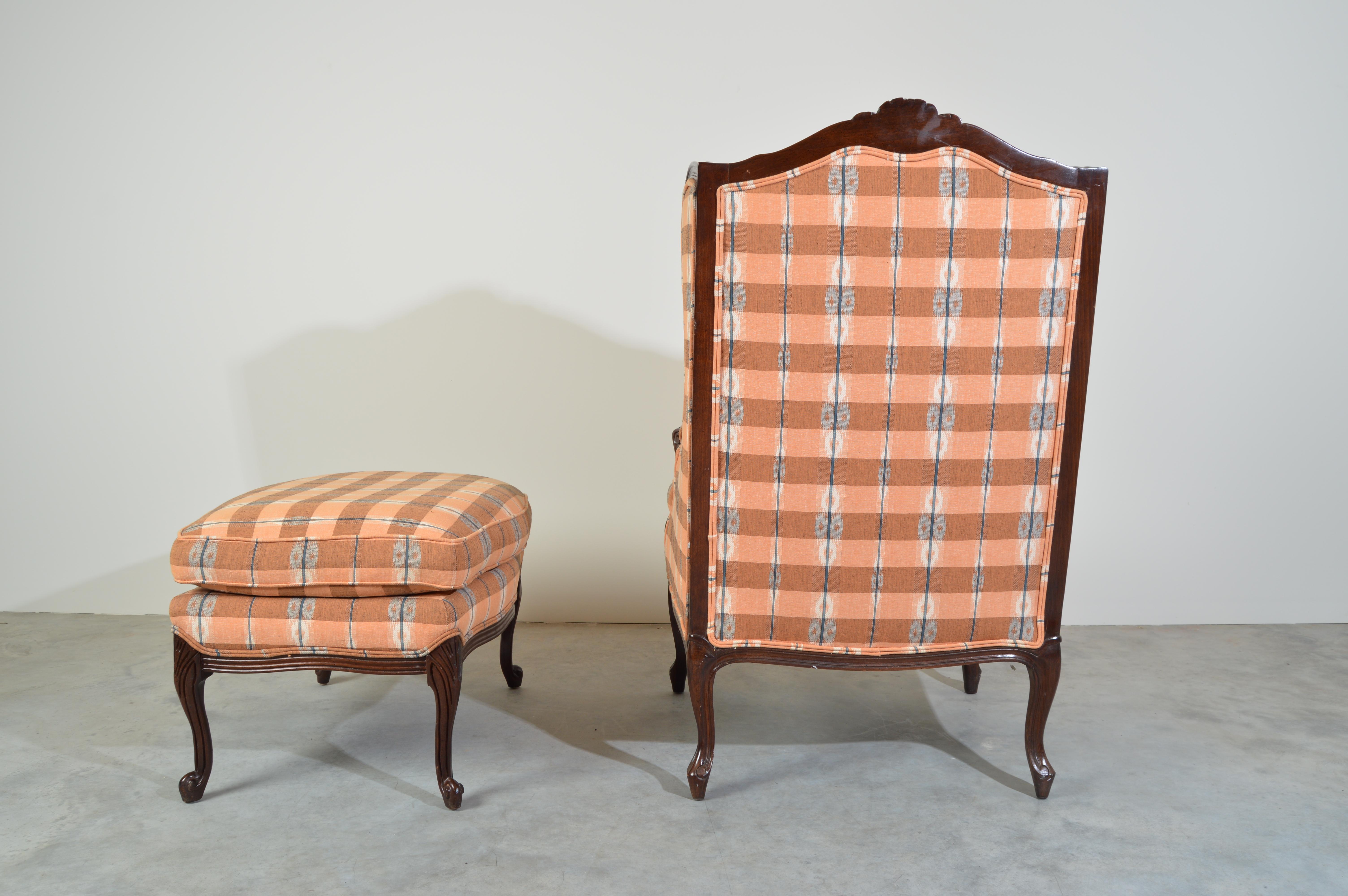 Carved Hickory Louis XV Style Walnut Wingback Chair & Ottoman Ikat Plaid Upholstery