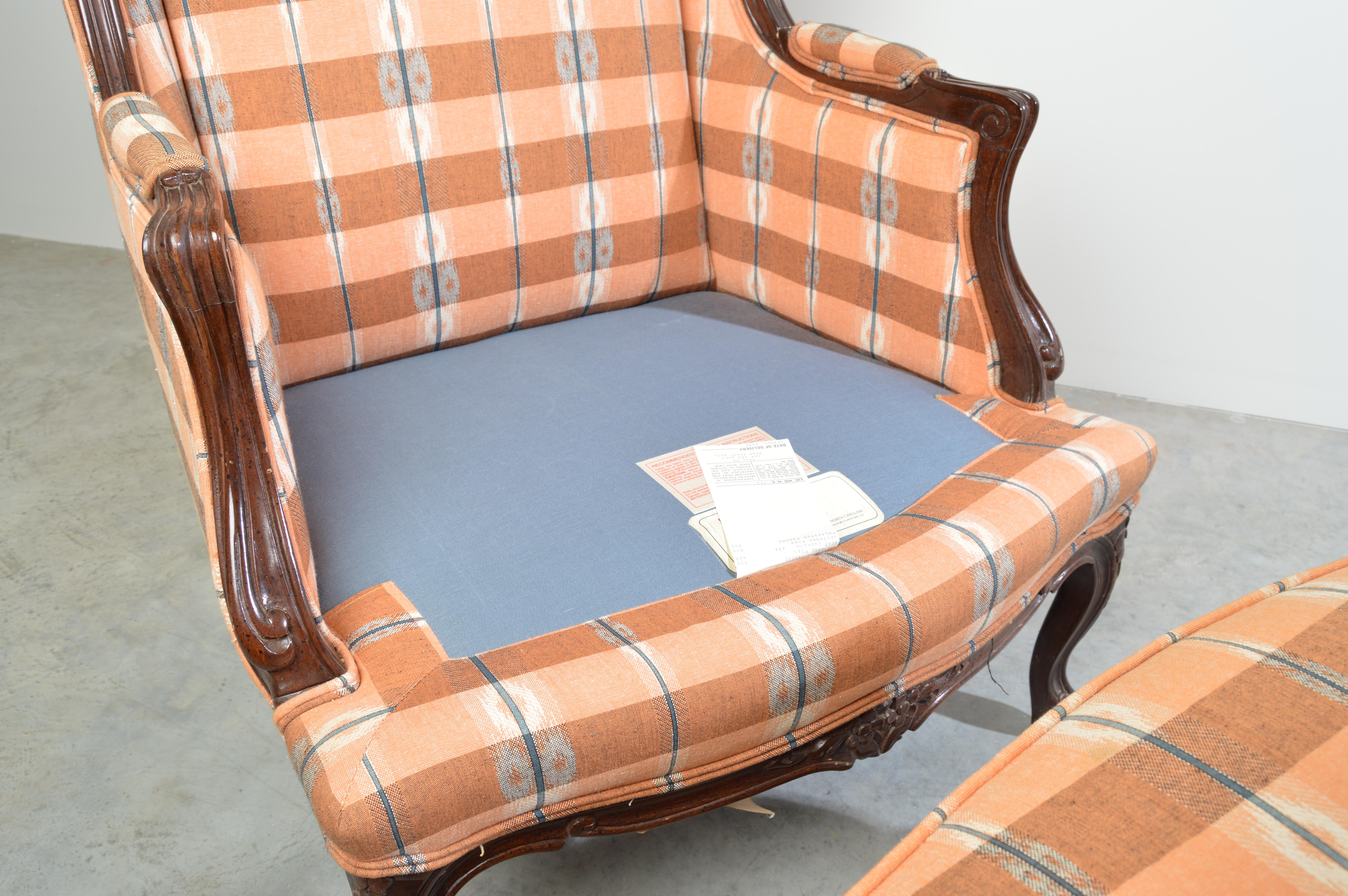 Hickory Louis XV Style Walnut Wingback Chair & Ottoman Ikat Plaid Upholstery In Good Condition In Southampton, NJ