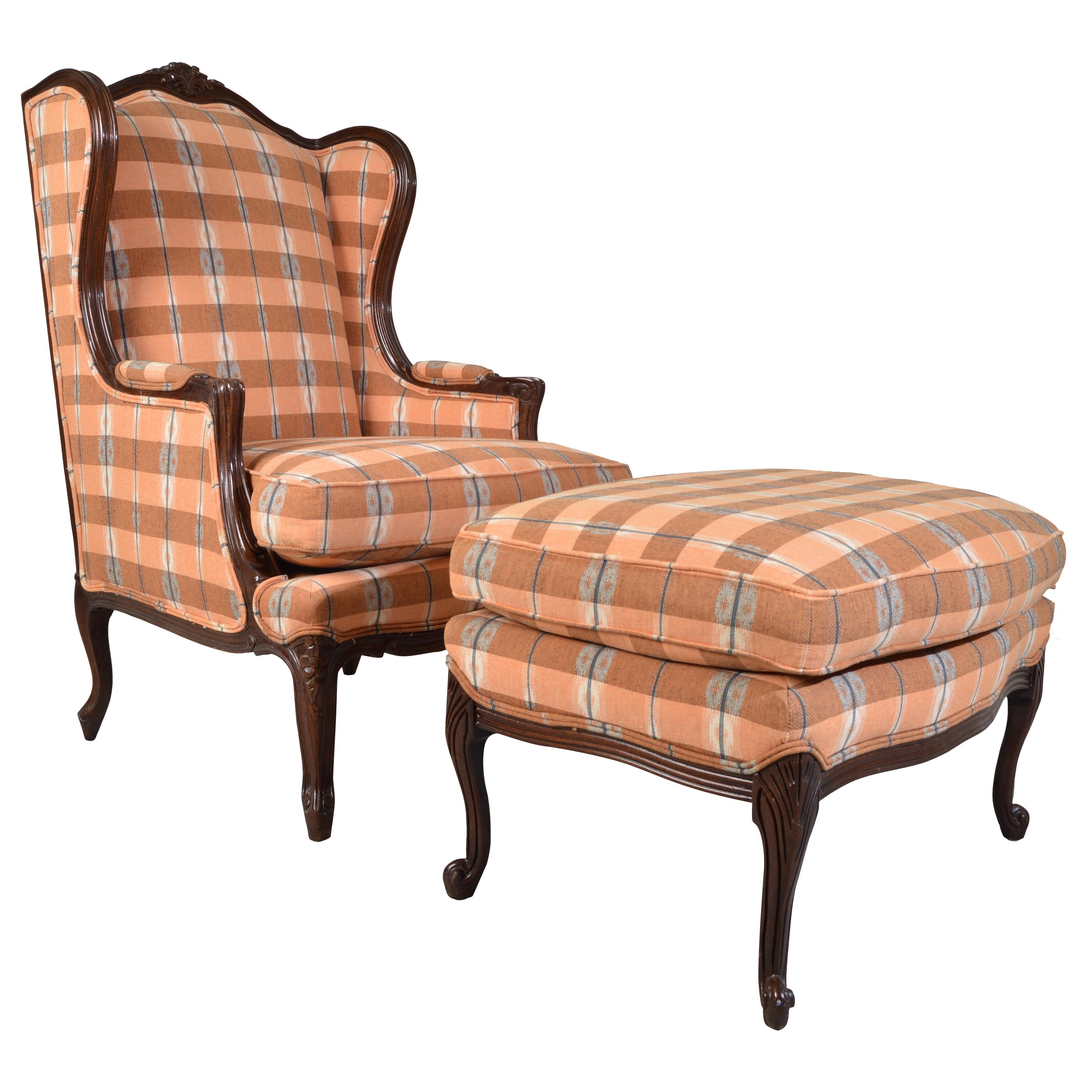 Hickory Louis XV Style Walnut Wingback Chair & Ottoman Ikat Plaid Upholstery