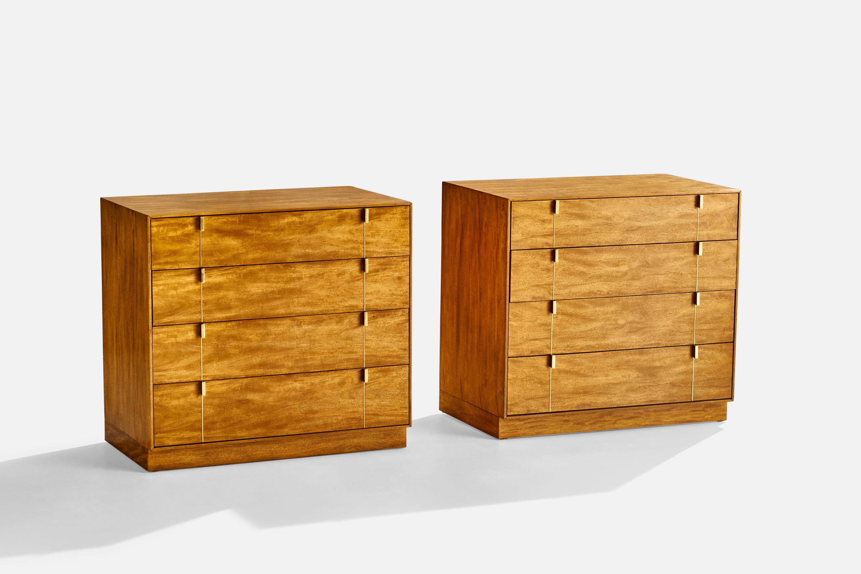 A pair of brass and hickory chests of drawers produced by Hickory Manufacturing, USA, 1950s.