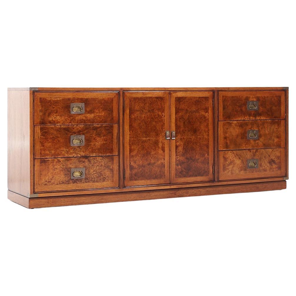 Hickory Manufacturing Company Mid Century Burlwood and Brass Lowboy Dresser For Sale