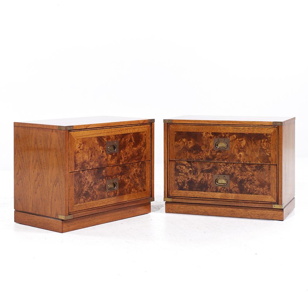 Hickory Manufacturing Company Mid Century Burlwood and Brass Nightstands - Pair

Each nightstand measures: 26.5 wide x 16 deep x 21.25 inches high

All pieces of furniture can be had in what we call restored vintage condition. That means the piece