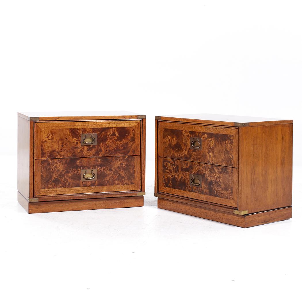 Mid-Century Modern Hickory Manufacturing Company Mid Century Burlwood and Brass Nightstands - Pair For Sale