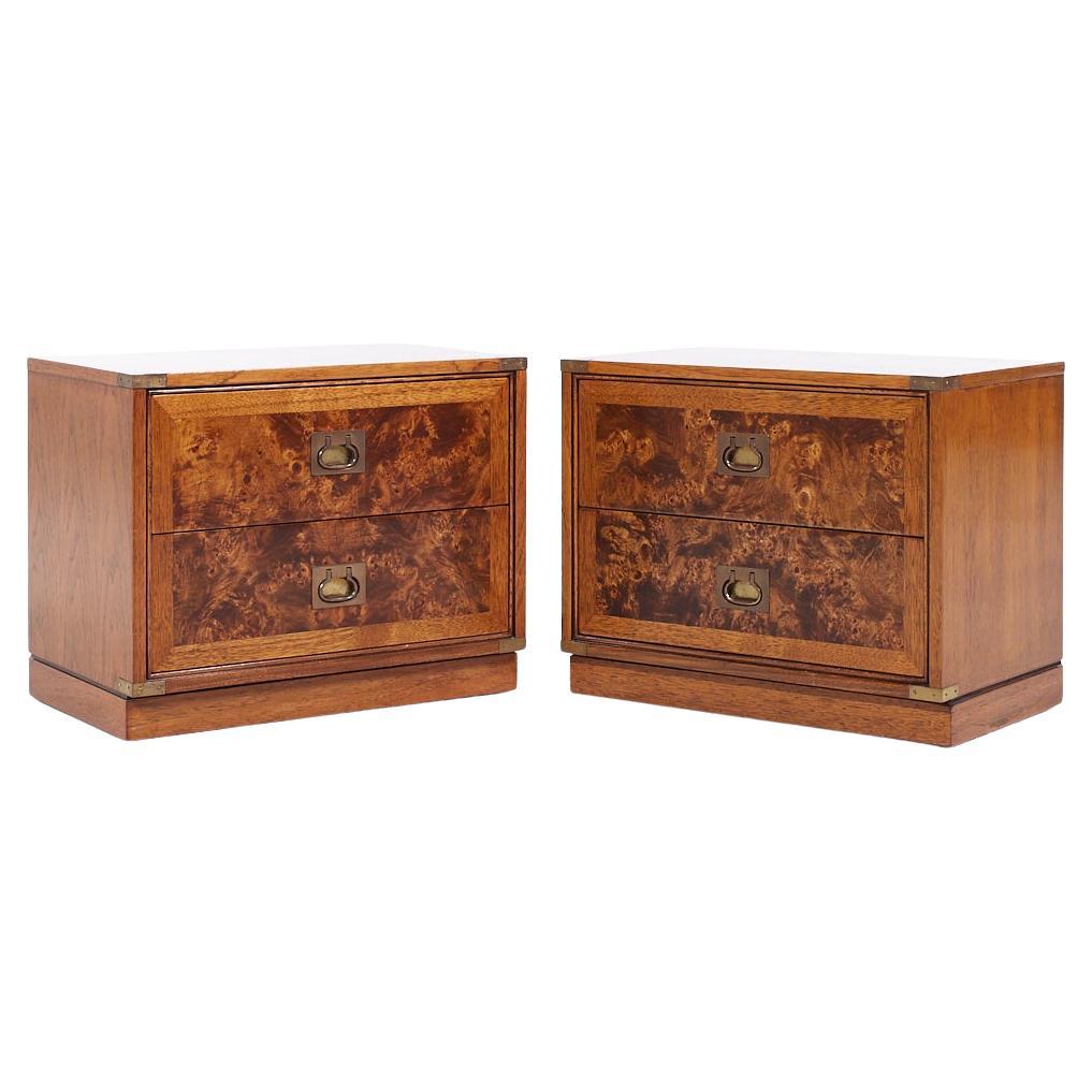 Hickory Manufacturing Company Mid Century Burlwood and Brass Nightstands - Pair For Sale