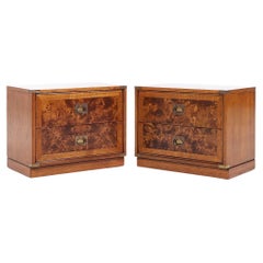 Hickory Manufacturing Company Mid Century Burlwood and Brass Nightstands - Pair