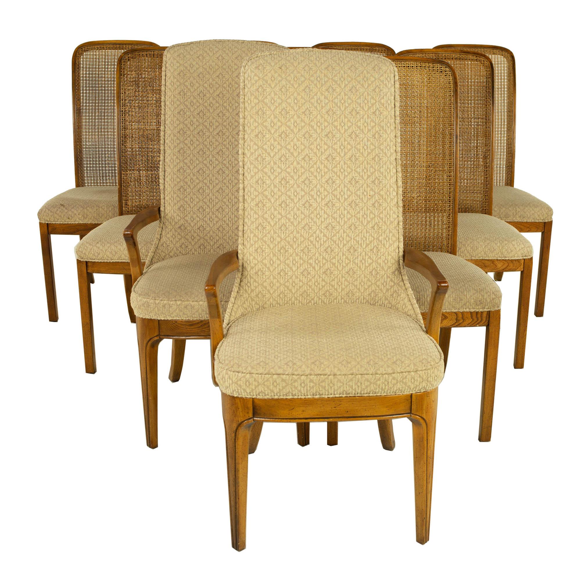 Hickory Manufacturing Company mid century burlwood and cane dining chairs - set of 10

These chairs measure: 21.5 wide x 19 deep x 43 inches high, with a seat height of 18 and arm height of 24 inches

?All pieces of furniture can be had in what