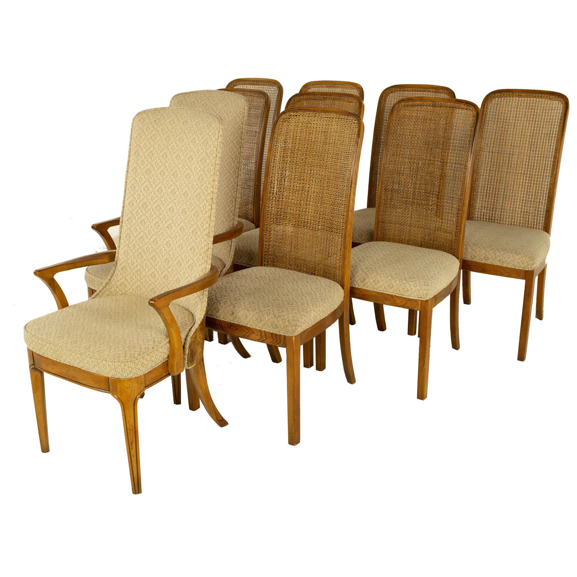 Mid-Century Modern Hickory Manufacturing Company Mid Century Burlwood Cane Dining Chairs, Set 10
