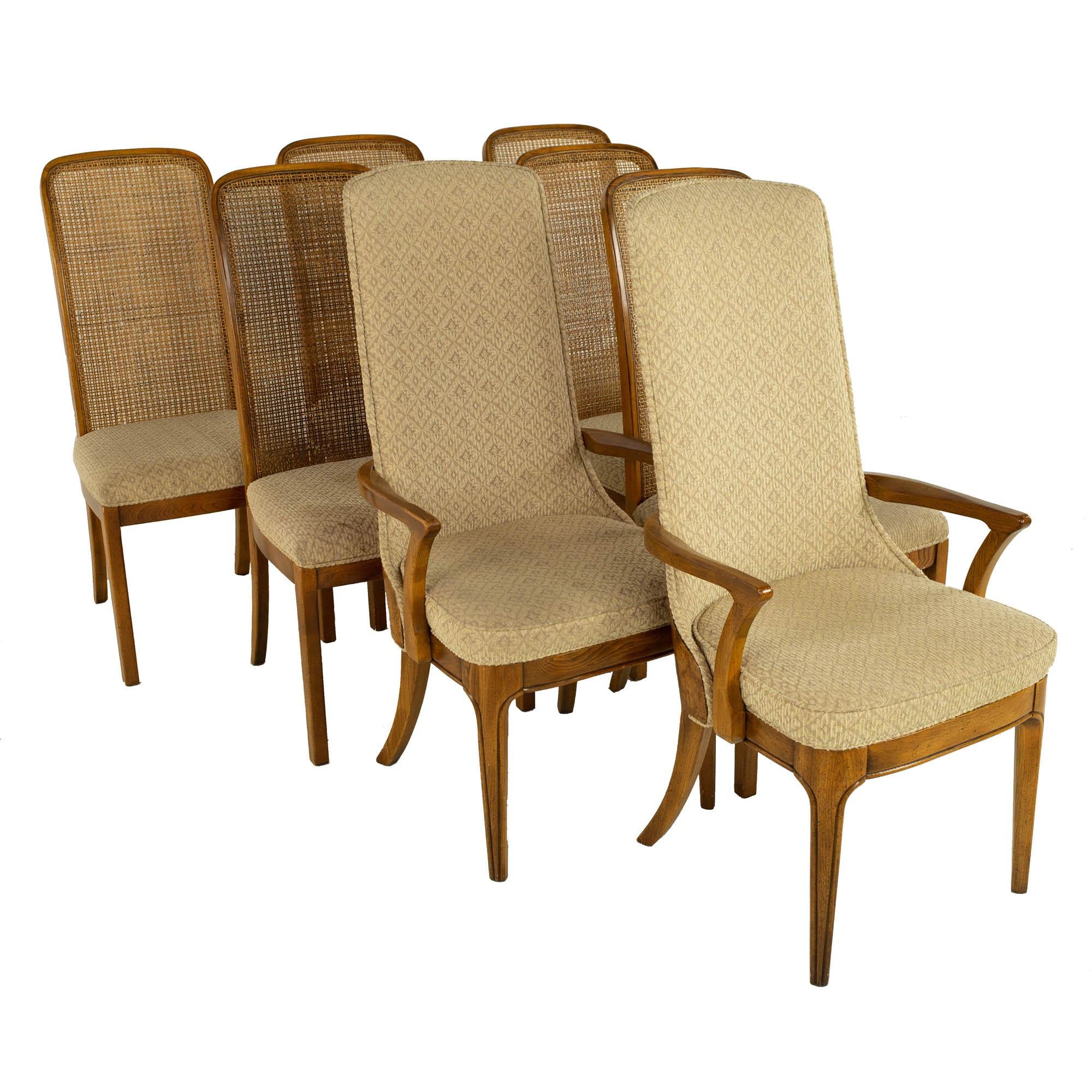 American Hickory Manufacturing Company Mid Century Burlwood Cane Dining Chairs, Set 10