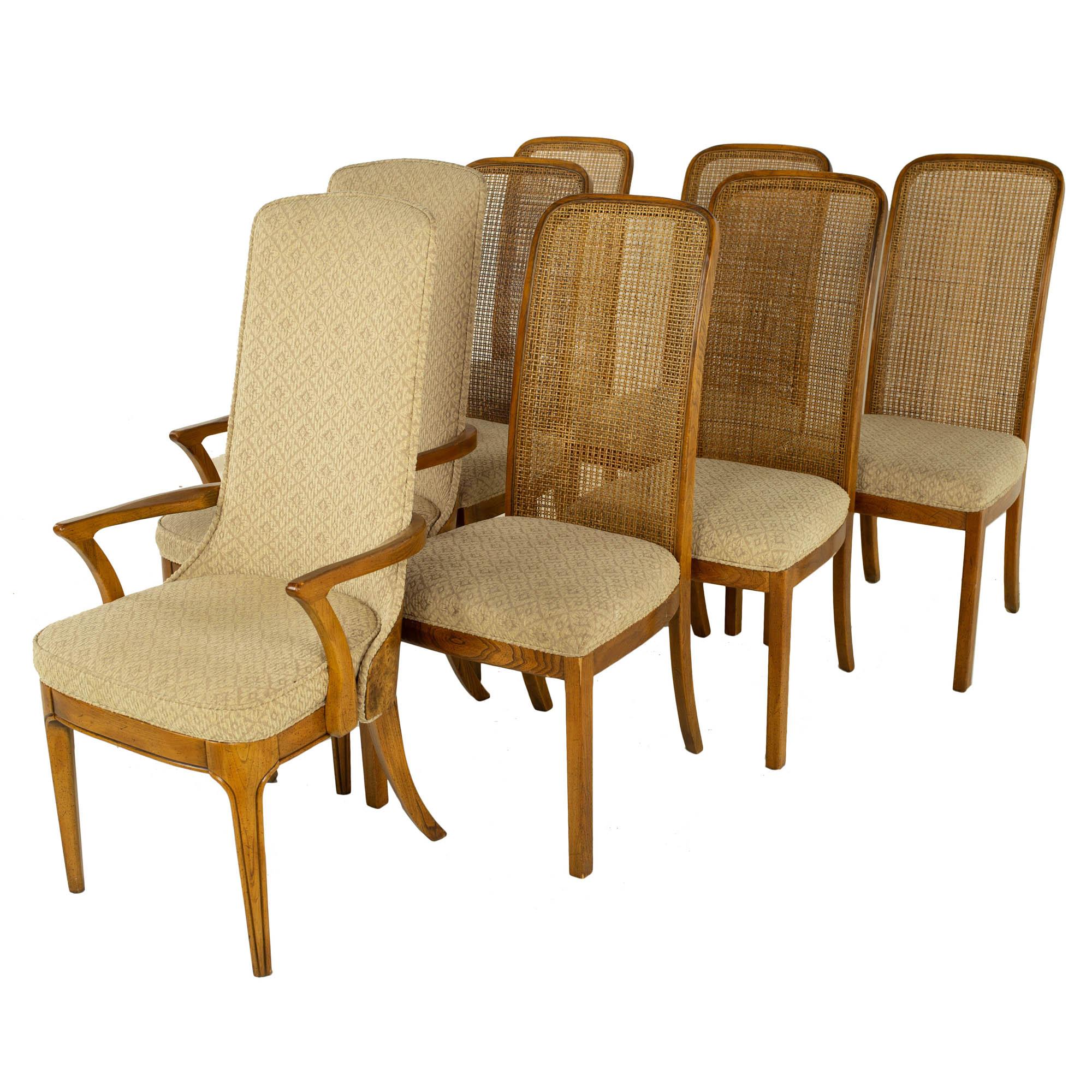 Hickory Manufacturing Company Mid Century Burlwood Cane Dining Chairs, Set 10 In Good Condition In Countryside, IL