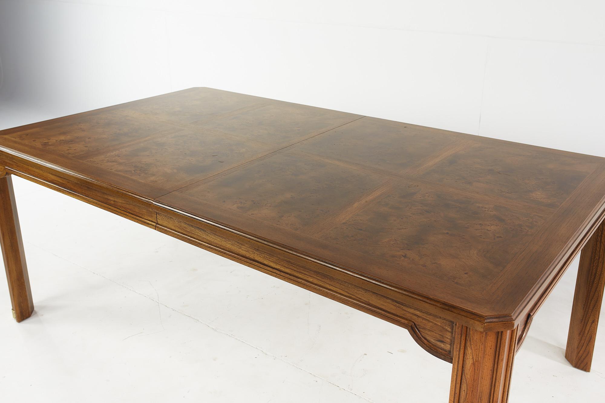 Hickory Manufacturing Company Mid Century Expanding Burlwood Inlaid Dining Table In Good Condition In Countryside, IL