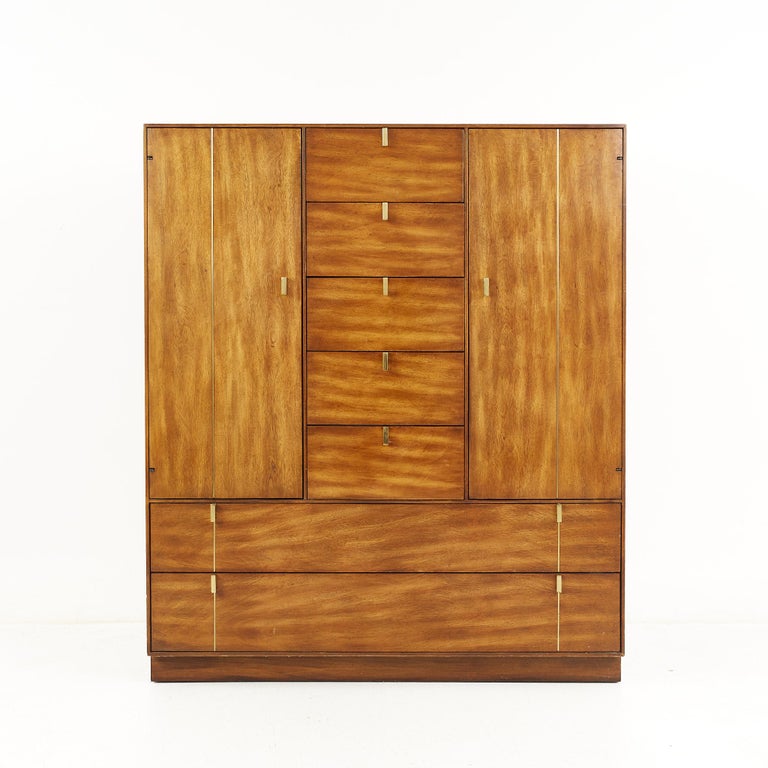 Hickory Manufacturing Mid Century Brass and Walnut Armoire Chest For