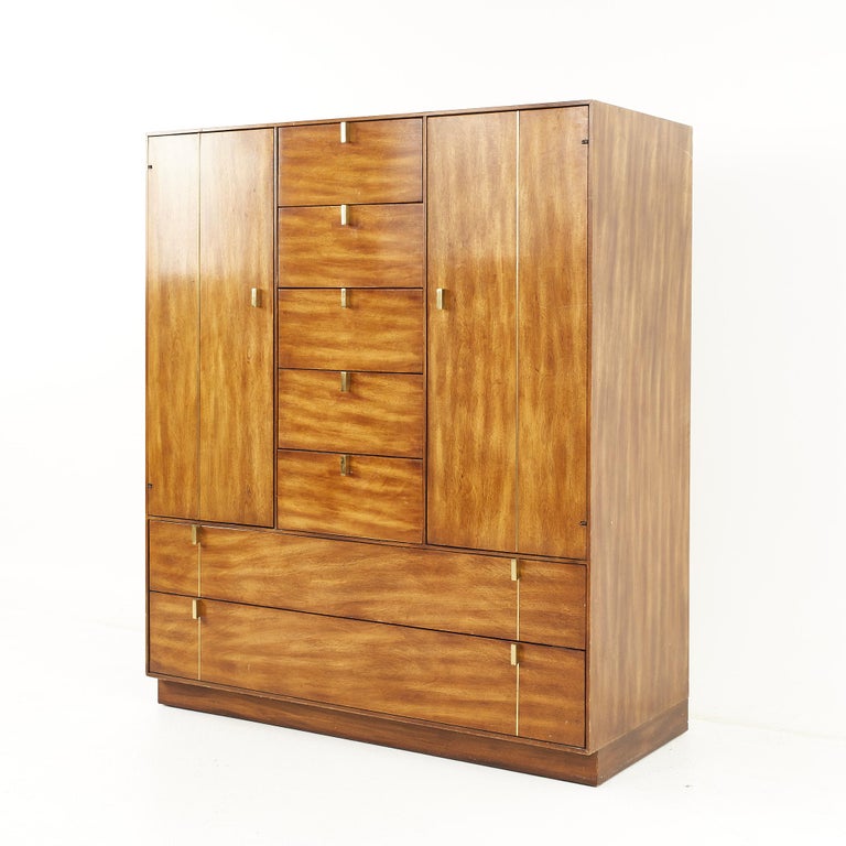 Hickory Manufacturing Mid Century Brass and Walnut Armoire Chest For