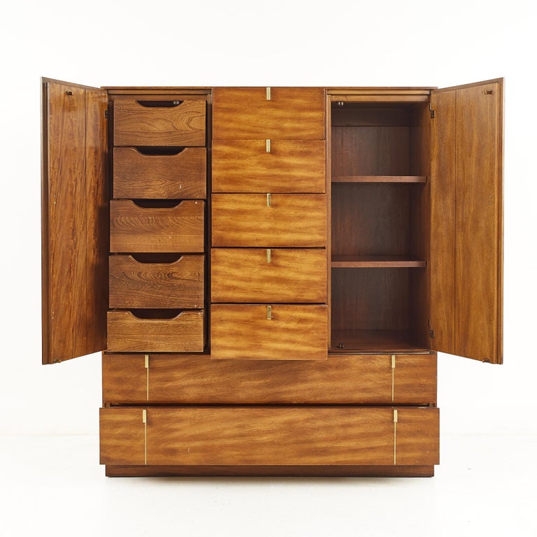 Hickory Manufacturing Mid Century Brass and Walnut Armoire Chest For