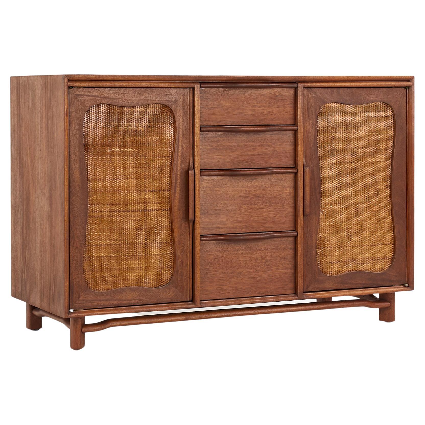 Hickory Manufacturing Mid Century Walnut and Cane Front Credenza