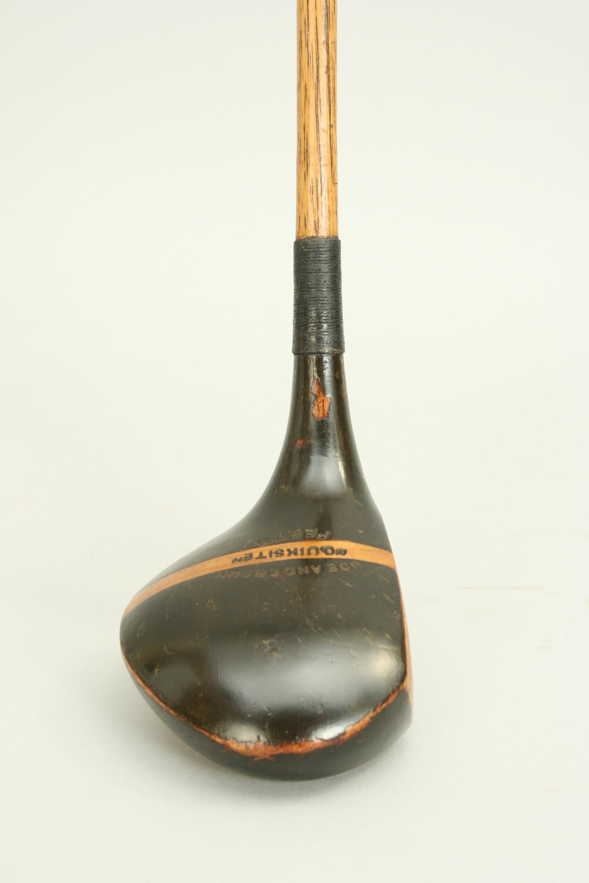 Antique Hickory Golf Club, 'Quiksite' driver, Joe Anderson, Perth.
A good 1920s persimmon wood socket head driver with hickory shaft and tapering polished leather grip, all in very good original condition. The head marked Joe Anderson 'QUIKSITE'