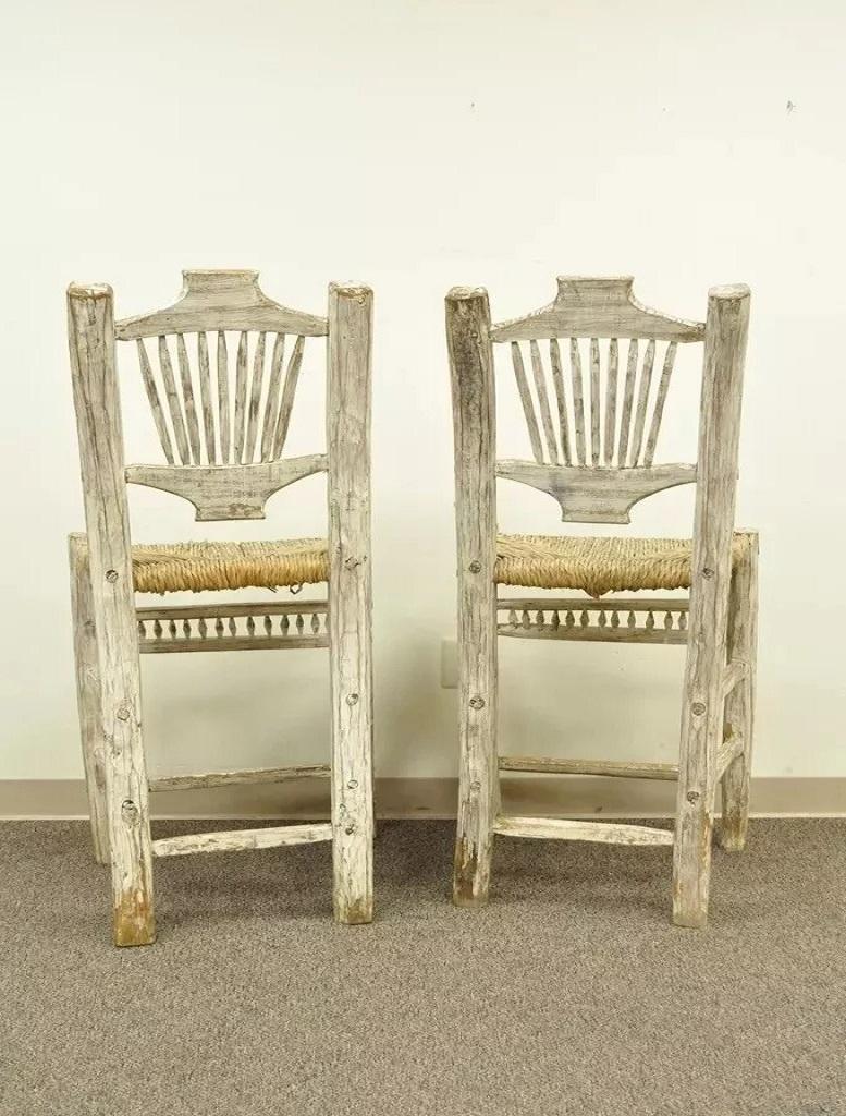 Hickory Style Rustic Log Cabin Wood Woven Rush Seat Bar Stools Chairs - a Pair For Sale 4