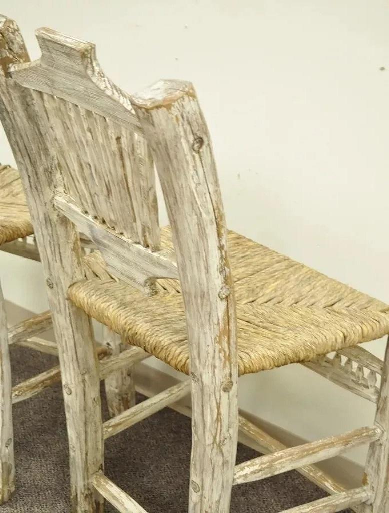 Hickory Style Rustic Log Cabin Wood Woven Rush Seat Bar Stools Chairs - a Pair For Sale 5