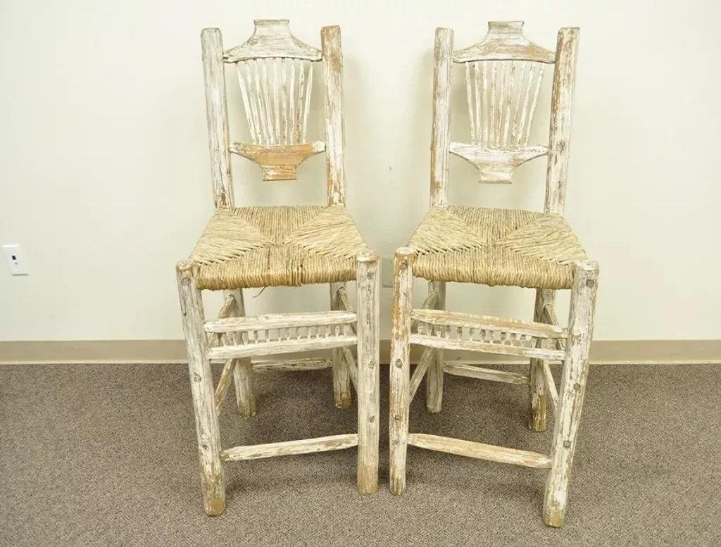 Hickory Style Rustic Log Cabin Wood Woven Rush Seat Bar Stools Chairs - a Pair For Sale 6