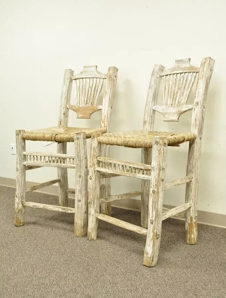Hickory Style Rustic Log Cabin Wood Woven Rush Seat Bar Stools Chairs - a Pair. Item features Solid Log Frames, Woven Rush Seats, Distressed White Washed Finish. Circa Late 20th Century. Measurements: 48