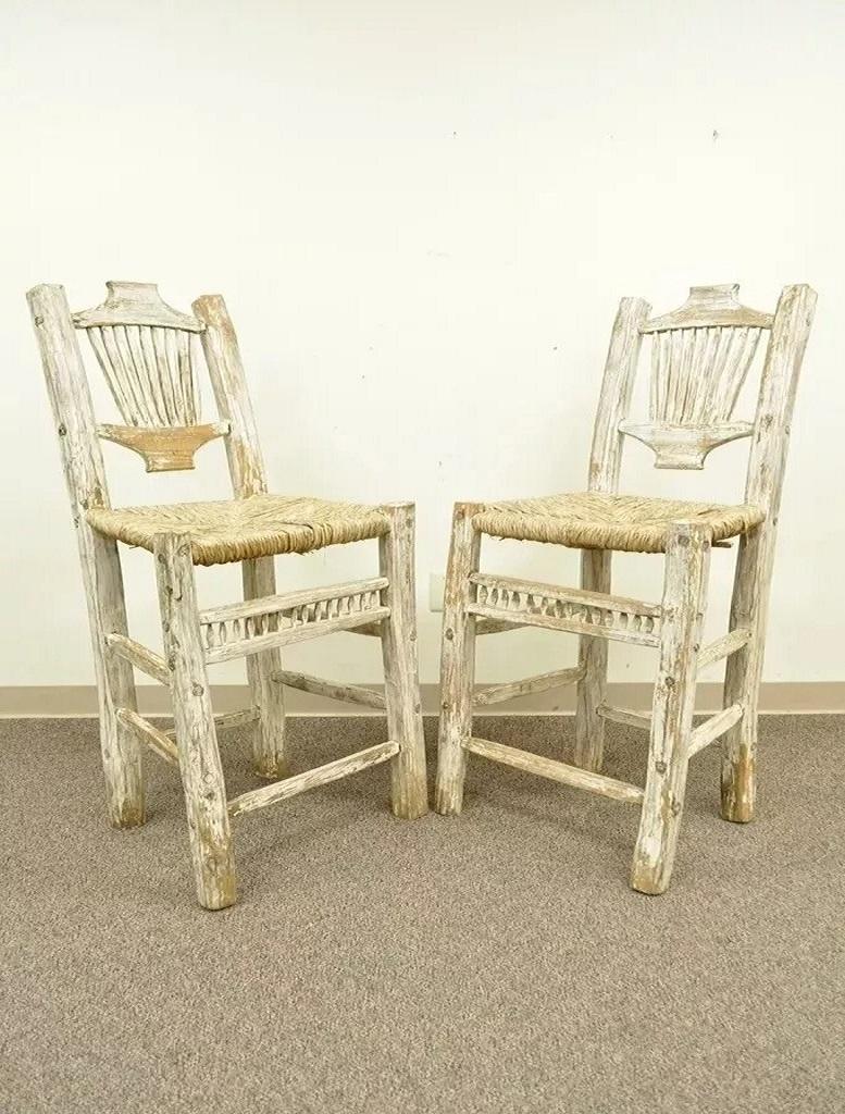 Unknown Hickory Style Rustic Log Cabin Wood Woven Rush Seat Bar Stools Chairs - a Pair For Sale