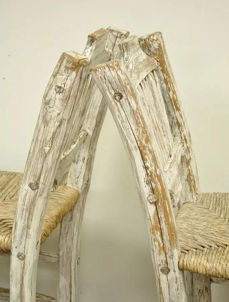 Hickory Style Rustic Log Cabin Wood Woven Rush Seat Bar Stools Chairs - a Pair In Good Condition For Sale In Philadelphia, PA
