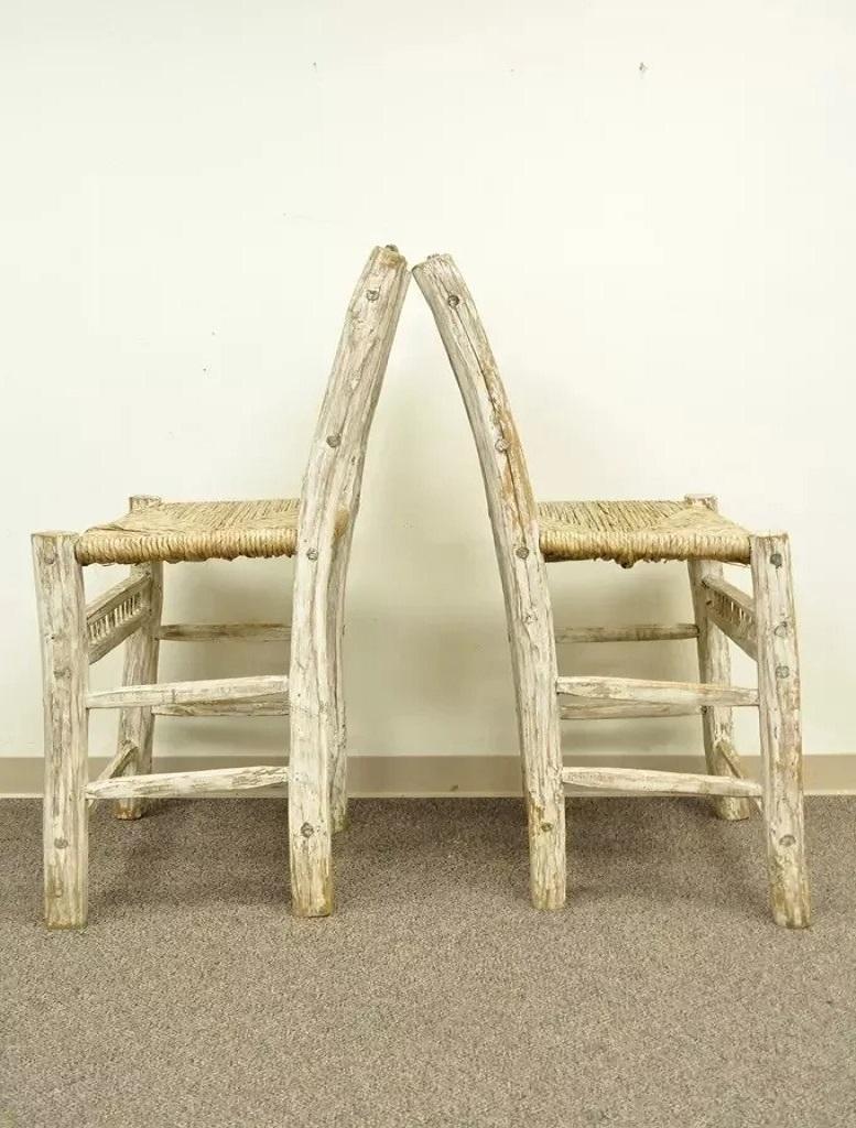 20th Century Hickory Style Rustic Log Cabin Wood Woven Rush Seat Bar Stools Chairs - a Pair For Sale